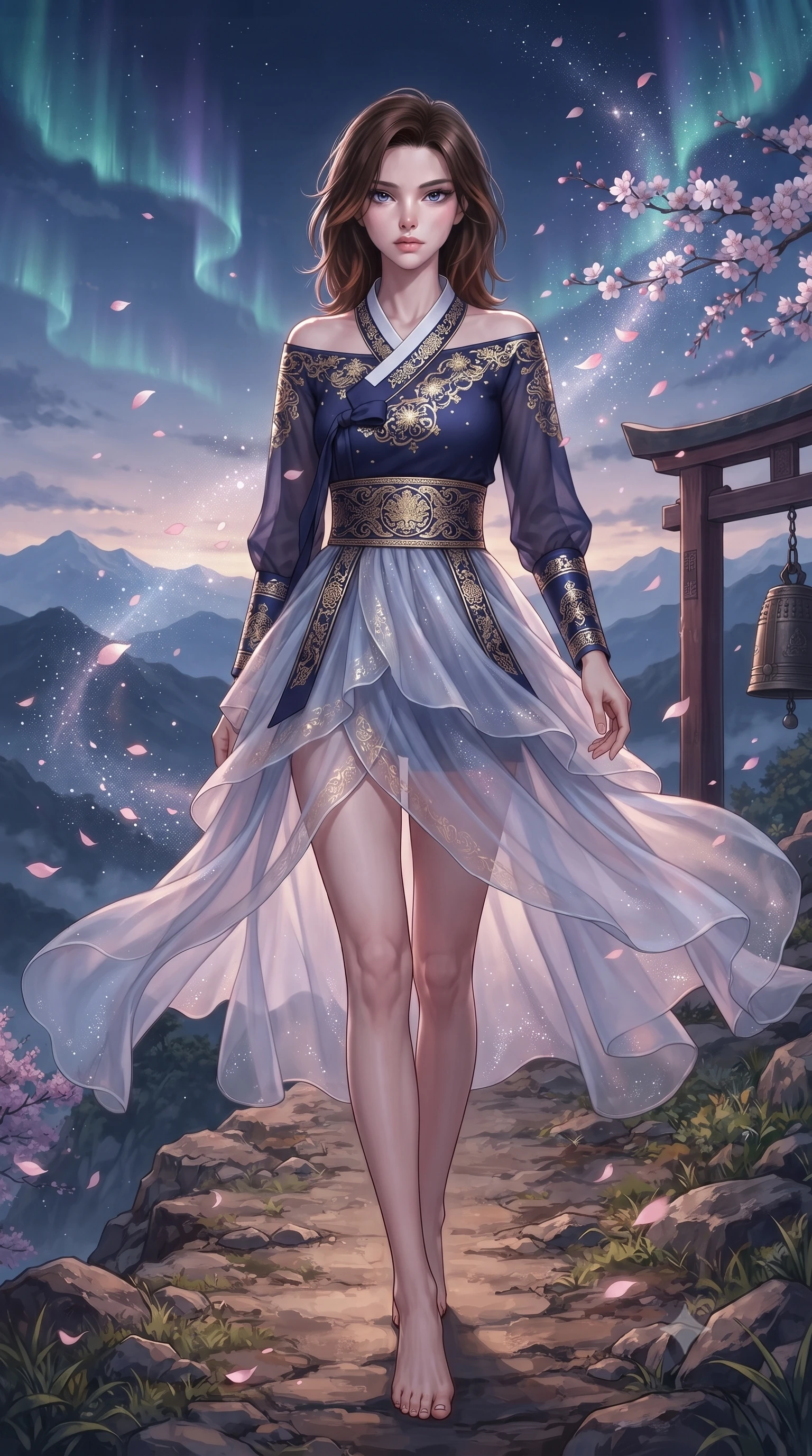 score_9, masterpiece, best quality, ultra-detailed, high-budget anime keyframe, editorial fashion photography, tasteful artistic composition, Korean woman. low angle full-body shot from head to toe showing her feet, filling the entire 9:16 vertical frame with her statuesque presence, stretching her vertical silhouette. striding forward in a proud, dynamic supermodel runway stride, her statuesque vertical silhouette commanding the entire frame while stepping along the mountain crest path as wind whips cherry blossom petals and stardust around her statuesque silhouette. The surrounding environment is rendered in vivid detail and crisp panoramic clarity. detailed aurora wave ribbons, distant mountain ranges, and sacred bronze bell engravings in high clarity. She has an absolutely perfect, statuesque 8.5-heads proportion, an exceptionally tall and slender model-like female figure with impossibly long slender legs, a toned flat midriff, and an ultra-slim waist. sharp v-shaped jawline, high-bridge nose, intricate jewel-like eyes with depth, thick eyelashes, glossy lips with a natural sheen, captivating and magnetic expression, flawlessly proportioned anatomical accuracy, strict slender model proportions, natural body alignment, perfectly sculpted long slender limbs, ultra-slim waistline, clean dynamic posture without body distortion. wearing a celestial lotus-inspired layered chiffon gown with an exposed clavicle bodice in midnight indigo and glowing starlight gold, crafted from traditional Korean gossamer silk organza with pearlescent luster, finished with a wide embroidered waist band emphasizing her slender midriff, the glove-like aerodynamic second-skin fit tightly clinging to her ultra-slender waist and athletic curves without adding bulk, accentuating her razor-sharp statuesque lines and slim hourglass silhouette. surrounded by a divine, mystical, and spiritually transcendent shrine maiden sovereign aura. ultra-reflective glossy finish, specular highlights, rich textural contrasts, high-contrast stereoscopic depth, volumetric dynamic lighting, 2k, ultra detail, master piece, 9:16 ratio