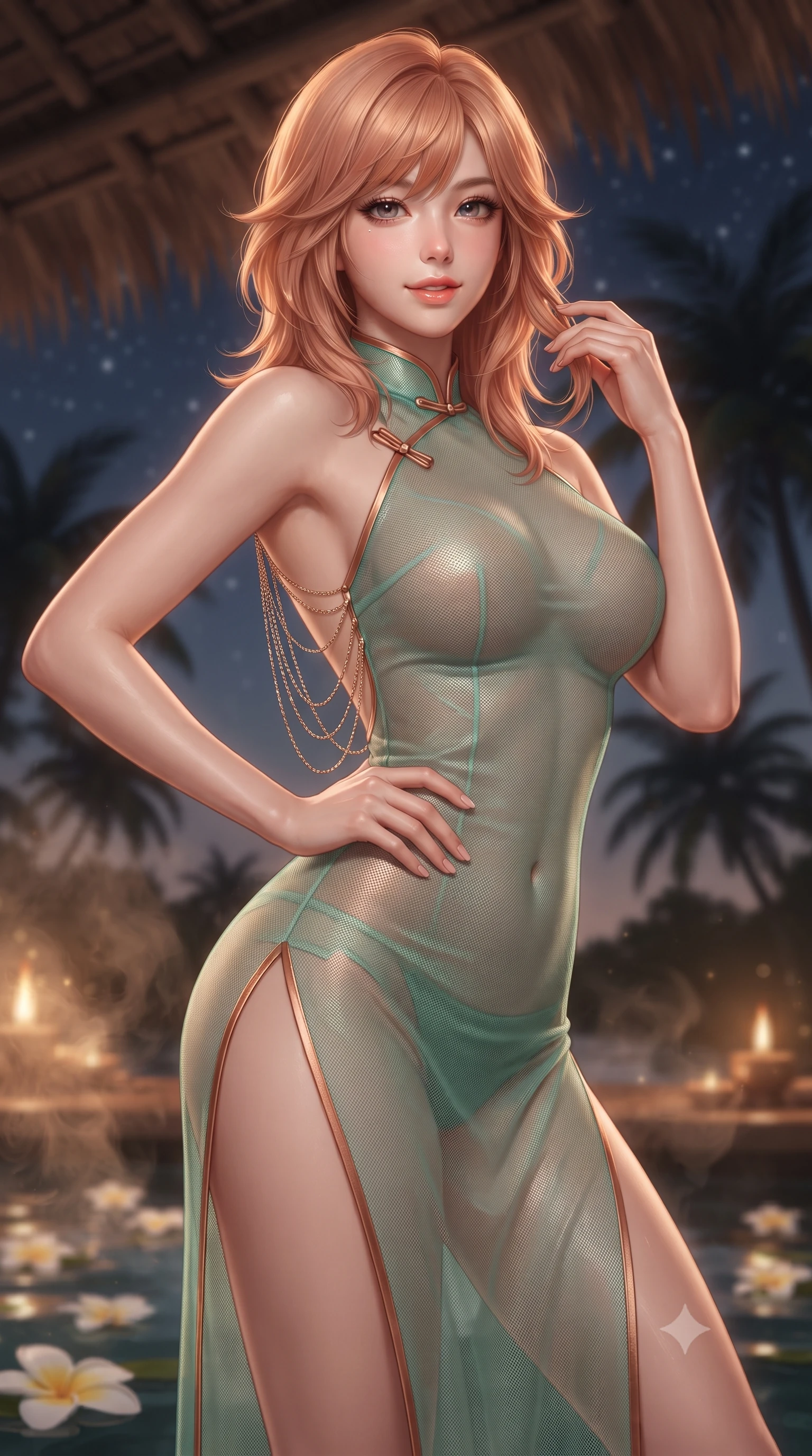 score_9, masterpiece, best quality, ultra-detailed, high-budget anime keyframe, editorial fashion photography, tasteful artistic composition, Korean woman. close-up cowboy shot from the waist and thighs up, the character dominates the composition, filling the frame with her large presence. twisting her slender torso in an alluring contrapposto stance, one hand resting on her sculpted hip while her fingers toy with her hair with effortless poise while twisting her slender torso in an alluring S-curve, rising warm aromatic herbal steam and candle lantern glows tracing her silhouette. The background shows a soft-focus thatched coconut palm leaf roof rafters, floating frangipani flowers on water, and dark palm trees swaying against stars blurred into rose, amber, and charcoal bokeh. She has an exceptionally elegant, slender, and willowy female figure with an ultra-slim waist, flat toned midriff, narrow ribcage, and sculpted feminine hips creating an alluring, slim hourglass silhouette without bulk. sharp v-shaped jawline, high-bridge nose, sparkling eyes with hypnotic seductive depth, thick curled eyelashes, glossy parted lips with a natural dewy peach sheen, alluring bedroom-eyes with an enchanting coquettish smile, exuding magnetic siren charisma and sophisticated glamour, flawlessly proportioned anatomical accuracy, strict slender model proportions, natural body alignment, perfectly sculpted long slender limbs, ultra-slim waistline, clean dynamic posture without body distortion. wearing a modern cheongsam-inspired form-fitting sheer mesh cocktail dress with mandarin collar and dramatic hip-high side slits in Moroccan mint green and hammered copper, tailored from fine structural neoprene with crisp architectural edges and smooth contouring, accented with an open-back drape framed by falling strands of delicate gold chains, the liquid-tight tailored fabric clinging flawlessly to her narrow waist and rounded feminine hips, emphasizing every millimeter of her sculpted slim hourglass curves without any bulky heaviness. bathed in soft warm 2400K concealed cove lighting beneath the tub rim mixed with flickering brass oil lamps. ultra-reflective glossy finish, specular highlights, rich textural contrasts, high-contrast stereoscopic depth, volumetric dynamic lighting, 2k, ultra detail, master piece, 9:16 ratio