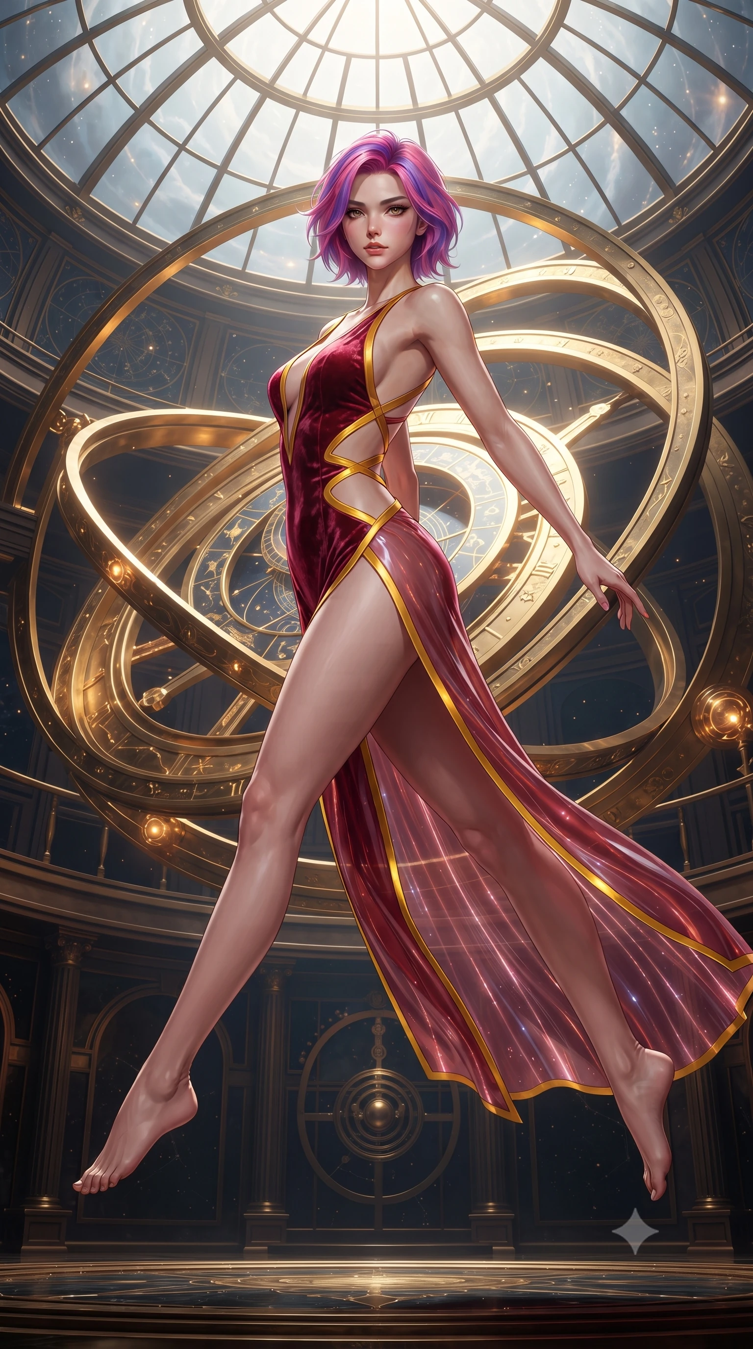 score_9, masterpiece, best quality, ultra-detailed, high-budget anime keyframe, editorial fashion photography, tasteful artistic composition, Caucasian woman. low angle full-body shot from head to toe showing her feet, filling the entire 9:16 vertical frame with her statuesque presence, stretching her vertical silhouette. performing an alluring mid-air vault with flawless poise, looking directly into the camera with smoldering intensity while standing gracefully in the center of a grand glass observatory as giant interlocking golden astrolabe rings rotate around her. The surrounding environment is rendered in vivid detail and crisp panoramic clarity. rich chiaroscuro lighting and classic Renaissance-futuristic observatory design in panoramic precision. She has an absolutely perfect, statuesque 8.5-heads proportion, an exceptionally tall and slender model-like female figure with impossibly long slender legs, a toned flat midriff, and an ultra-slim waist. sharp v-shaped jawline, high-bridge nose, intricate jewel-like eyes with depth, thick eyelashes, glossy lips with a natural sheen, flawlessly proportioned anatomical accuracy, strict slender model proportions, natural body alignment, perfectly sculpted long slender limbs, ultra-slim waistline, clean dynamic posture without body distortion. wearing a backless crimson crushed velvet gown with a deep plunging V-neckline, strategic hip cutouts, and an ultra-high thigh slit in vibrant sunburst canary yellow and gold trim, tailored from semi-translucent cybernetic vinyl with glowing micro-filaments, complemented by criss-cross back straps highlighting her completely bare spine, the form-contouring material adhering flawlessly to her sculpted flat midriff and slender torso, emphasizing her long leg lines and perfectly proportioned willowy build. surrounded by an intellectual, noble, and enchantingly seductive celestial royalty aura. ultra-reflective glossy finish, specular highlights, metallic sheen, high-contrast stereoscopic depth, volumetric dynamic lighting, 2k, ultra detail, master piece, 9:16 ratio