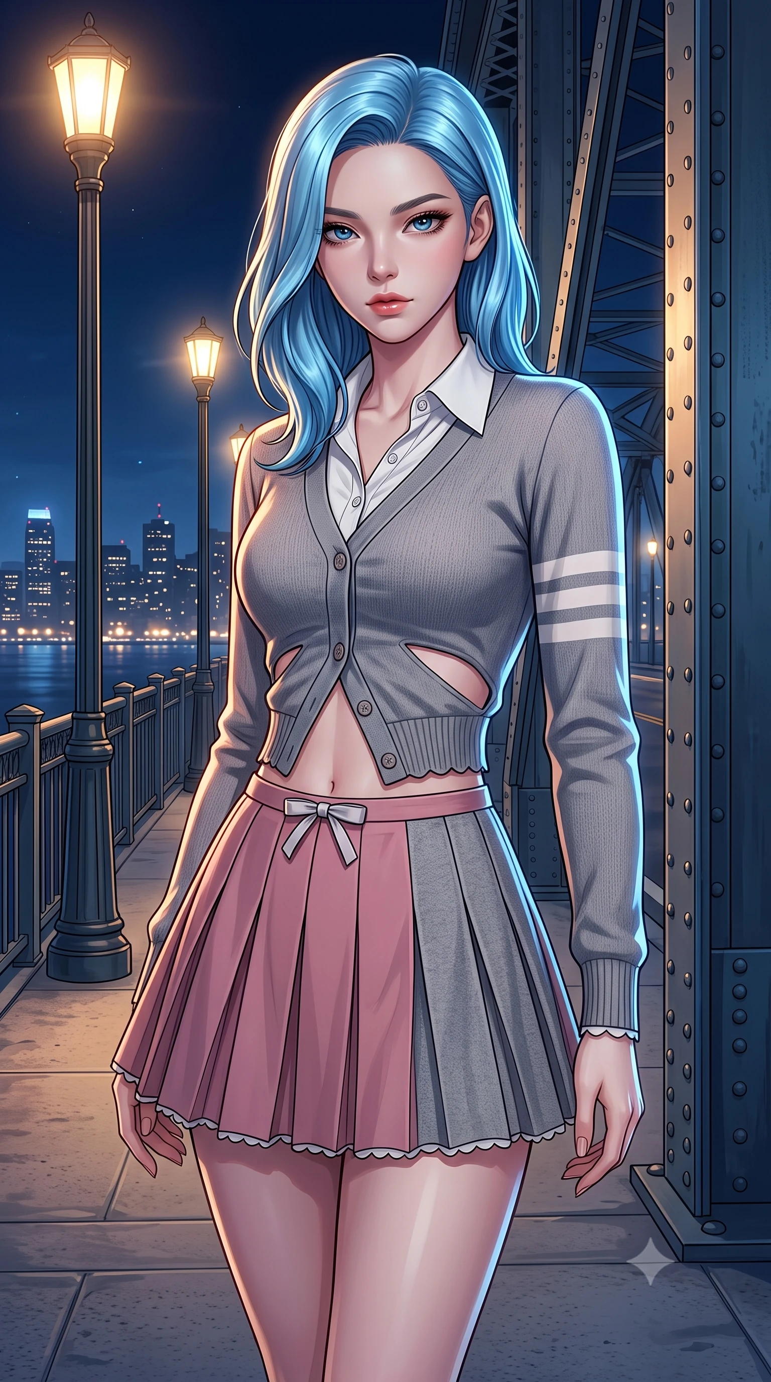 score_9, masterpiece, best quality, ultra-detailed, high-budget anime keyframe, semi-realistic 3D game render, editorial fashion photography, tasteful artistic composition, Korean woman. close-up cowboy shot from the waist and thighs up, the character dominates the composition, filling the frame with her large presence. radiating intense magnetic charisma with jewel-like eyes locked onto the viewer, her upper body turning in a dynamic, fluid S-curve while standing poised on the bridge sidewalk under glowing art-deco streetlamps as distant city lights twinkle across the bay. The surrounding environment is rendered in vivid detail and crisp panoramic clarity. sharp chrome car emblem reflections, leather upholstery stitching, and bridge steel rivets in deep focus. She has an exceptionally elegant, slender, and willowy female figure with an ultra-slim waist, a gracefully sculpted slender torso, toned flat midriff, and a refined slim silhouette. sharp v-shaped jawline, high-bridge nose, intricate jewel-like eyes with depth, thick eyelashes, glossy lips with a natural sheen, captivating and magnetic expression, flawlessly proportioned anatomical accuracy, strict slender model proportions, natural body alignment, perfectly sculpted long slender limbs, ultra-slim waistline, clean dynamic posture without body distortion. wearing a preppy 80s varsity cardigan sweater layered over a crisp collared button-down shirt and a tennis pleated skirt in dusty rose pink and vintage heather grey, made of crisp lightweight vintage crinkle nylon, finished with a dainty waist ribbon bow and scalloped hemline trims, the precision-cut daring openings accentuating her delicate midriff, graceful bare collarbones, and ultra-slim feminine waistline. illuminated by crisp metallic reflections tracing her ultra-slim waistline, collarbones, and long legs. highly saturated vibrant anime colors, detailed shading with soft gradients, rich glossy textures, high-contrast stereoscopic depth, volumetric dynamic lighting, master piece, 9:16 ratio