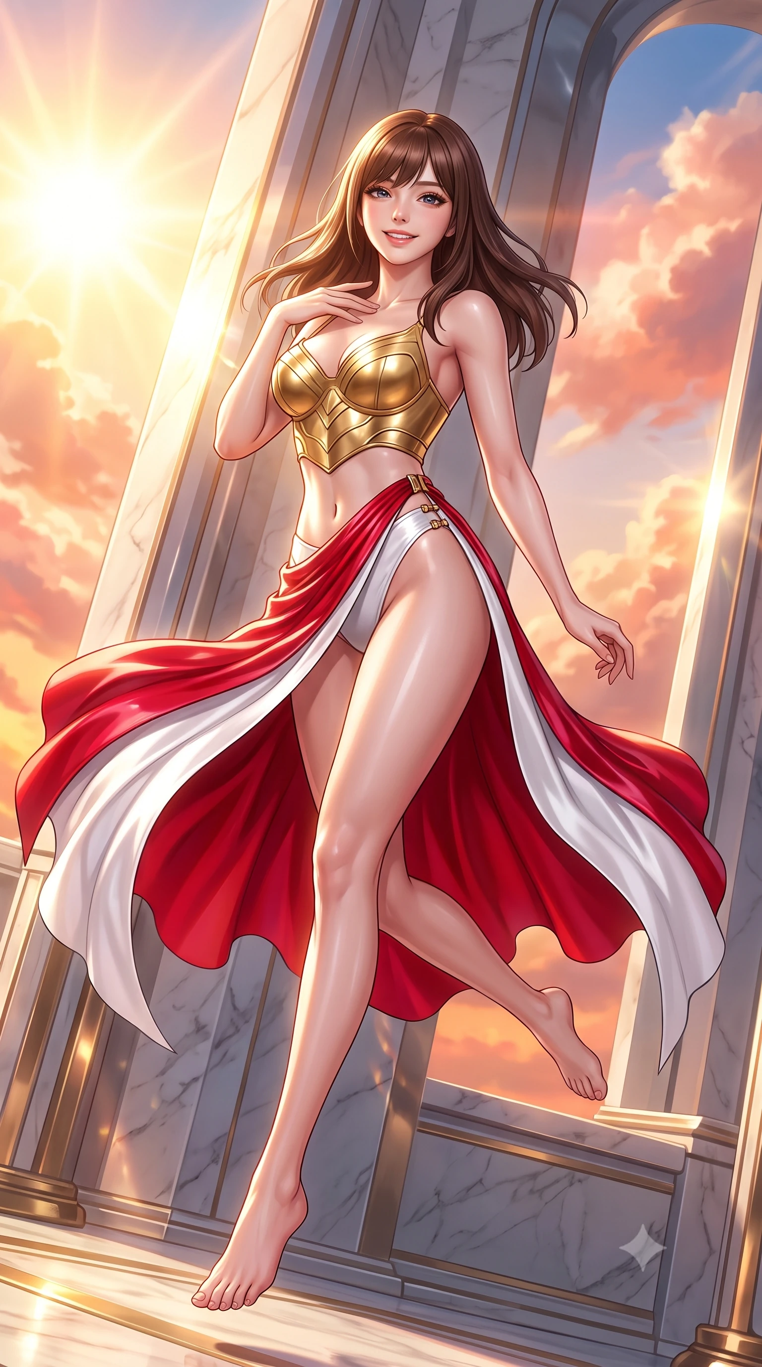score_9, masterpiece, best quality, ultra-detailed, high-budget anime keyframe, semi-realistic 3D game render, editorial fashion photography, tasteful artistic composition, Korean woman. low angle full-body shot from head to toe showing her feet, filling the entire 9:16 vertical frame with her statuesque presence, stretching her vertical silhouette. leaping through mid-air with an athletic yet alluring arch of her spine, her impossibly long slender legs stretched in flawless poise while resting one hand near her collarbone with a radiant, sovereign smile gazing directly into the lens at sunrise. The surrounding environment is rendered in vivid detail and crisp panoramic clarity. vivid high-contrast morning solar illumination and celestial monument design in panoramic sharpness. She has an absolutely perfect, statuesque 8.5-heads proportion, an exceptionally tall and slender model-like female figure with impossibly long slender legs, a toned flat midriff, and an ultra-slim waist. sharp v-shaped jawline, high-bridge nose, intricate jewel-like eyes with depth, thick eyelashes, glossy lips with a natural sheen, flawlessly proportioned anatomical accuracy, strict slender model proportions, natural body alignment, perfectly sculpted long slender limbs, ultra-slim waistline, clean dynamic posture without body distortion. wearing a sculpted golden breastplate bodice paired with high-cut white satin briefs and a fluid draped side skirt in radiant crimson silk and crisp snow white, formed from high-gloss patent material with specular light reflections, finished with an ultra-high side slit secured by miniature magnetic clasps, the liquid-tight tailored fabric emphasizing every curve of her tall, slender model proportions and sculptured silhouette during dynamic movement. bathed in blazing golden dawn sunbursts and warm peach-crimson cloud reflections. highly saturated vibrant anime colors, detailed shading with soft gradients, rich glossy textures, high-contrast stereoscopic depth, volumetric dynamic lighting, master piece, 9:16 ratio
