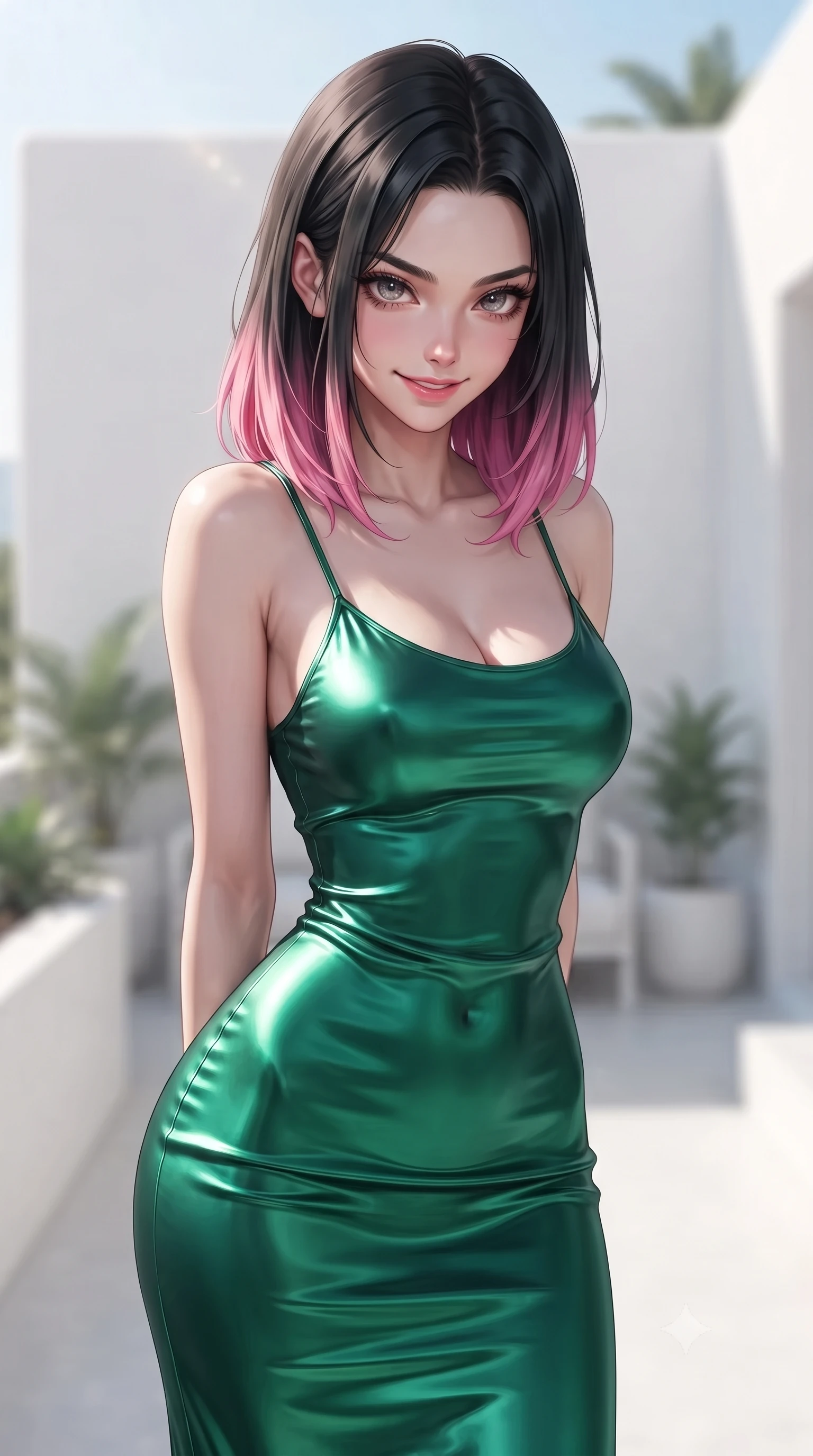 score_9, masterpiece, best quality, ultra-detailed, high-budget anime keyframe, editorial fashion photography, tasteful artistic composition, Korean woman woman. close-up cowboy shot from the waist and thighs up, the character dominates the composition, filling the frame with her large presence, background elements kept in soft focus. leaning slightly forward with a playful, teasing smile, her gaze locked onto the viewer the background shows a soft-focus a white-walled minimal villa suite with a private terrace and potted plants. She has an exceptionally elegant, slender, and willowy female figure with an ultra-slim waist, a gracefully sculpted slender torso, and a refined silhouette. sharp v-shaped jawline, high-bridge nose, intricate jewel-like eyes with depth, thick eyelashes, glossy lips with a natural sheen. wearing a slim-fit form-contouring emerald green silk slip dress that hugs her slender waist and hips. bright morning sun rays creating fresh and energetic shadows. ultra-reflective glossy finish, specular highlights, metallic sheen, high-contrast stereoscopic depth, volumetric dynamic lighting, 2k, ultra detail, master piece, 9:16 ratio