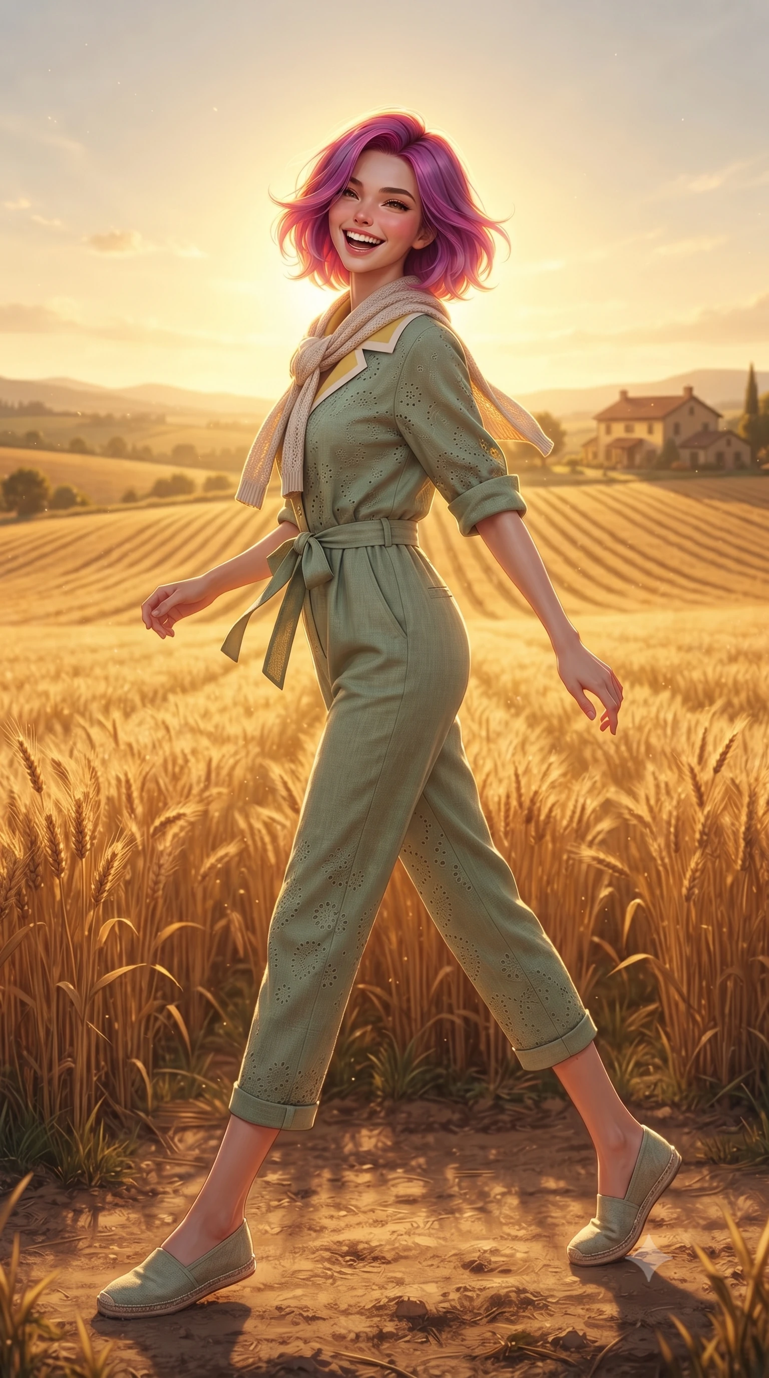 score_9, masterpiece, best quality, ultra-detailed, high-budget anime keyframe, editorial fashion photography, tasteful artistic composition, Caucasian woman. low angle full-body shot from head to toe showing her feet, filling the entire 9:16 vertical frame with her statuesque presence, stretching her vertical silhouette. walking forward in a cheerful, dynamic stride with a radiant beaming smile, her statuesque silhouette filling the frame while turning back with a playful, joyful laugh as the setting sun creates a golden halo around her lovely silhouette. The surrounding environment is rendered in vivid detail and crisp panoramic clarity. warm high-contrast golden hour chiaroscuro and expansive agricultural countryside in precision. She has an absolutely perfect, statuesque 8.5-heads proportion, an exceptionally tall and slender model-like female figure with impossibly long slender legs, a toned flat midriff, and an ultra-slim waist. sharp v-shaped jawline, high-bridge nose, intricate jewel-like eyes with depth, thick eyelashes, glossy lips with a natural sheen, pure and lovely fresh girlhood expression, flawlessly proportioned anatomical accuracy, strict slender model proportions, natural body alignment, perfectly sculpted long slender limbs, ultra-slim waistline, clean dynamic posture without body distortion. wearing a relaxed sage green linen jumpsuit with a tied waist sash and folded collar in fresh buttercup yellow and clean cream white, woven with delicate eyelet lace and breathable cotton voile, finished with a lightweight knitted scarf draped loosely around her neck, the relaxed yet flattering fit accentuating her naturally graceful and slender figure, highlighting her youthful charm and lovely silhouette. surrounded by a heartwarming, radiant, and delightfully sunny countryside princess aura. ultra-reflective glossy finish, specular highlights, rich natural textures, high-contrast stereoscopic depth, volumetric dynamic lighting, 2k, ultra detail, master piece, 9:16 ratio