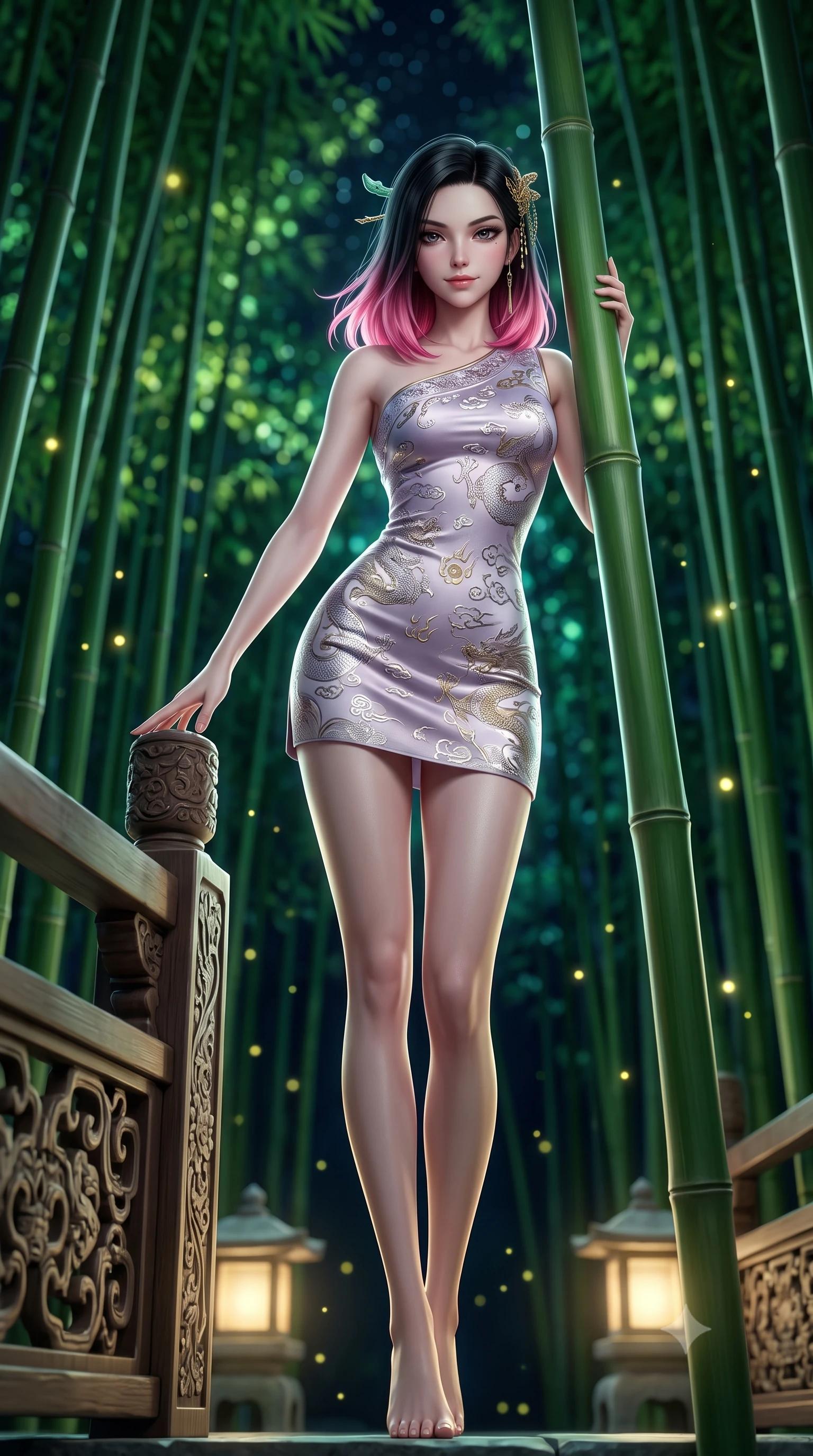 score_9, masterpiece, best quality, ultra-detailed, high-budget anime keyframe, semi-realistic 3D game render, editorial fashion photography, tasteful artistic composition, Korean woman. low angle full-body shot from head to toe showing her feet, filling the entire 9:16 vertical frame with her statuesque presence, stretching her vertical silhouette. standing in a tall, confident posture with one hand on the carved palace railing, stretching her statuesque body as she arches her lower back to emphasize her sculpted feminine hips and slender waist while leaning against a smooth green bamboo stalk with hips cocked back, casting an enchanting, mysterious bedroom-gaze through drifting golden fireflies. The background shows a soft-focus soaring emerald green bamboo groves reaching toward the midnight sky blurred into jade, chartreuse, and deep starlight bokeh. She has an absolutely perfect, statuesque 8.5-heads proportion, an exceptionally tall and slender model-like female figure with impossibly long slender legs, an ultra-slim waist, a flat toned midriff, narrow delicate ribcage, and beautifully sculpted feminine hips creating a graceful, slim hourglass silhouette without any bulky heaviness. sharp v-shaped jawline, high-bridge nose, intricate jewel-like dark sparkling almond eyes with depth, thick lashes, glossy parted lips with a natural rose-plum sheen, bright alluring and coquettish smile with bedroom-eyes, exuding both timeless oriental elegance and sovereign high-fashion allure, flawlessly proportioned anatomical accuracy, strict slender model proportions, natural body alignment, perfectly sculpted long slender limbs, ultra-slim waistline, clean dynamic posture without body distortion. wearing an asymmetric one-shoulder dragon-embroidered silk mini dress hugging her narrow waist and rounded feminine hips in frosted lilac mist and pearlescent alabaster, made of rich jacquard silk with intricate embossed dragon and cloud motifs, featuring a modern sculptural jade hair pin securing her loose silky updo, the liquid-tight tailored silk fabric clinging flawlessly to her narrow waist and rounded feminine hips, emphasizing every millimeter of her sculpted slim hourglass curves without any bulky heaviness. illuminated by ground stone lantern bounce and sharp silver rim lights carving her sculpted collarbones, ultra-slim waist, and curvy hips. highly saturated vibrant anime colors, detailed shading with soft gradients, rich glossy textures, high-contrast stereoscopic depth, volumetric dynamic lighting, master piece, 9:16 ratio