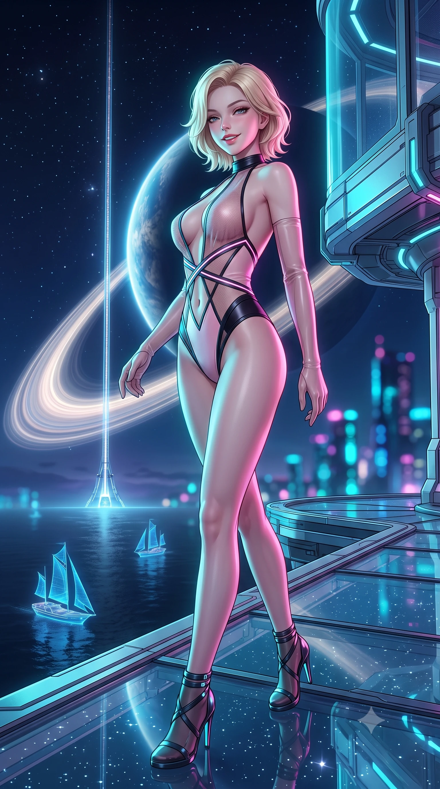 score_9, masterpiece, best quality, ultra-detailed, high-budget anime keyframe, semi-realistic 3D game render, editorial fashion photography, tasteful artistic composition, Caucasian woman. low angle full-body shot from head to toe showing her feet, filling the entire 9:16 vertical frame with her statuesque presence, stretching her vertical silhouette. walking along the terrace with poise, looking back over her bare shoulder with an irresistible smoldering bedroom-gaze while standing poised at the edge of the floating zero-gravity glass platform, arching her spine with cyber-goddess poise as the colossal illuminated planetary orbital ring arcs across the midnight sky. The background shows a soft-focus glittering orbital space elevator tether stretching to the stars, holographic sailing vessels gliding on dark sea, and cyberpunk city towers blurred into electric cyan, magenta, and sapphire bokeh. She has an exceptionally tall and slender model-like 8.5-heads proportion, an ultra-slim waist, a flat toned midriff, narrow delicate ribcage, and beautifully sculpted feminine hips creating a graceful, slim hourglass silhouette without any bulky heaviness, with impossibly long slender legs. sharp v-shaped jawline, high-bridge nose, intricate jewel-like sparkling eyes with depth, thick eyelashes, glossy parted lips with a natural peach sheen, bright cheerful beaming smile with an enchanting and coquettish sensual glint, exuding both youthful cute charm and seductive allure, flawlessly proportioned anatomical accuracy, strict slender model proportions, natural body alignment, perfectly sculpted long slender limbs, ultra-slim waistline, clean dynamic posture without body distortion. wearing a provocative plunging sheer micro-mesh leotard with criss-cross neon strap details across her flat midriff in Kyoto moonlit sakura blush and polished urushi black, woven from buttery-soft stretch lambskin leather adhering to her body like a second skin, complemented by sheer opera-length evening gloves tracing her slender arms, the glove-like clinging cut tightly following the natural contour of her hips and long slender legs with youthful 8.5-heads elegance. bathed in the dramatic cyan-and-magenta ambient of holographic sea projections contrasted with cool starlight. highly saturated vibrant anime colors, detailed shading with soft gradients, rich glossy textures, high-contrast stereoscopic depth, volumetric dynamic lighting, master piece, 9:16 ratio