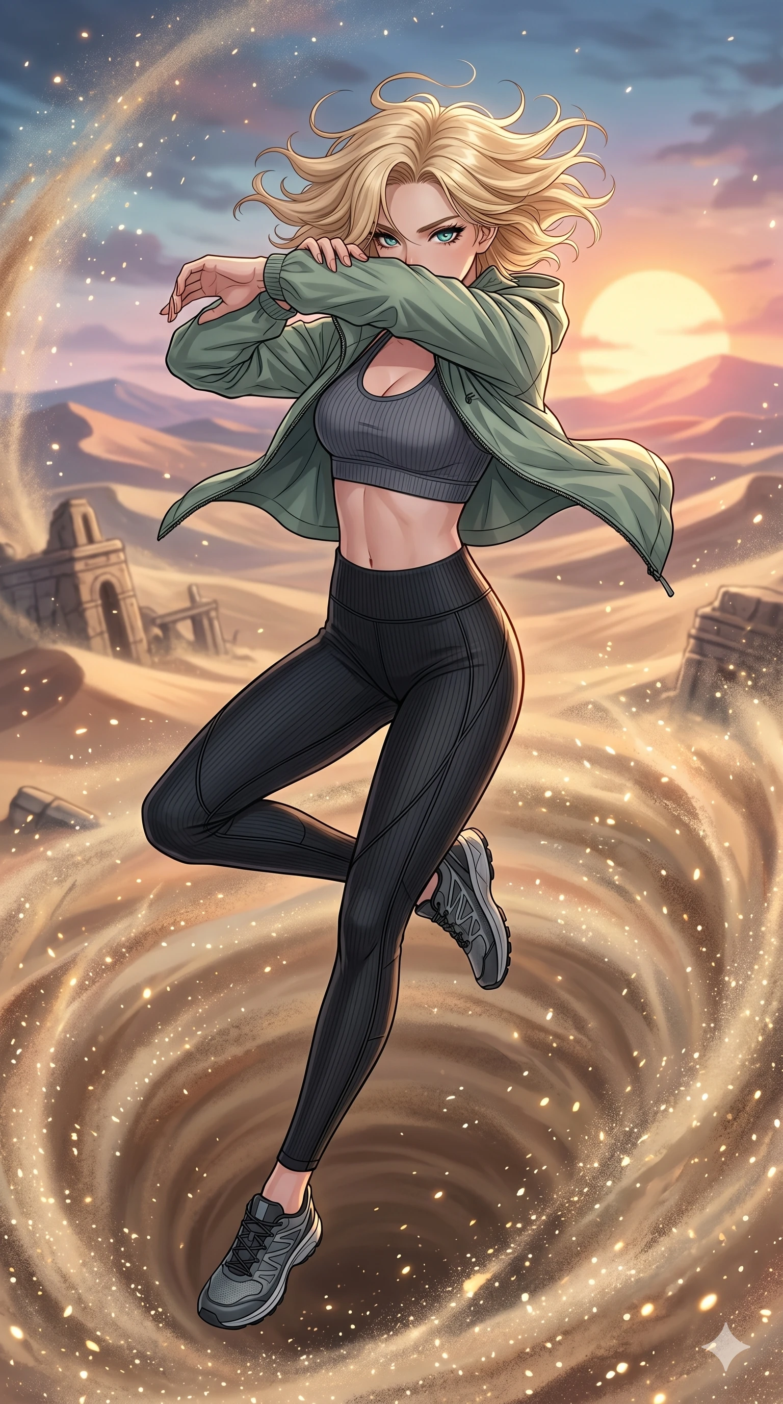 score_9, masterpiece, best quality, ultra-detailed, high-budget anime movie keyframe, cinematic anime lighting, intricate line art, Japanese woman. Mid-air action shot capturing a graceful twist and vertical silhouette. shielding her face from a sandstorm in a desert of ground glass. She has an absolutely perfect 8-heads proportion, an exceptionally tall and slender female figure with graceful and slender proportions. strictly human anatomy, two legs only, no extra limbs, clearly defined legs and arms, perfect anatomy, perfect hands and fingers. sharp v-shaped jawline, high-bridge nose, intricate jewel-like eyes, thick eyelashes, glossy lips. Wearing Premium Athleisure: Ribbed sports bra and leggings set, light windbreaker, and sleek high-performance activewear. The scene is illuminated by dramatic atmospheric lighting and vibrant color palettes. , 2k, ultra detail, master piece, 9:16 ratio