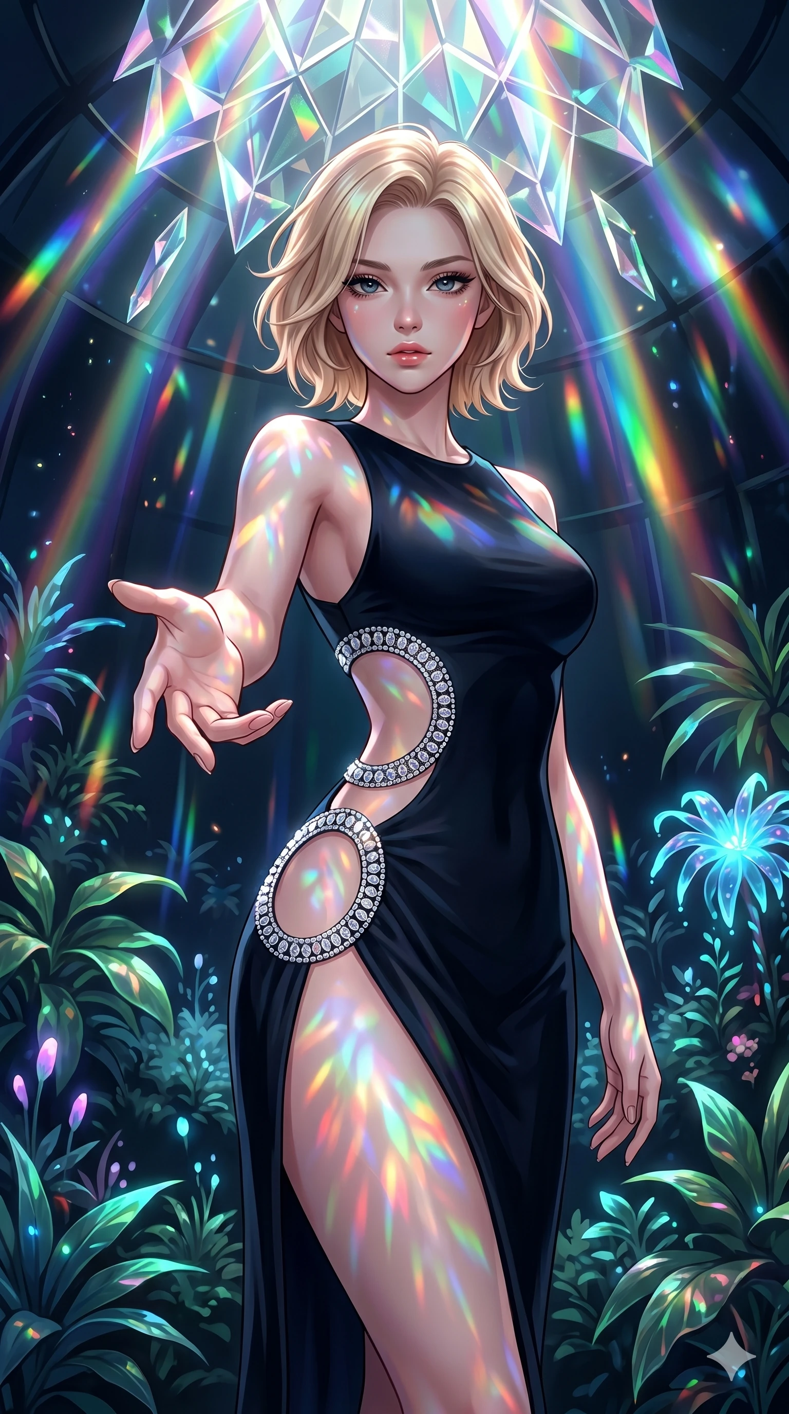 score_9, masterpiece, best quality, ultra-detailed, high-budget anime keyframe, editorial fashion photography, tasteful artistic composition, Japanese woman. cowboy shot from the thighs up, character and outfit filling the frame for maximum editorial presence. Reaching one hand toward the viewer with relaxed elegance within a prismatic rain-forest dome where bioluminescent plants pulse softly in the dark. She has an absolutely perfect 8-heads proportion, an exceptionally tall and slender female figure with impossibly long slender legs and an ultra-slim waist. V-shaped jawline, high-bridge nose, intricate jewel-like eyes with depth, thick eyelashes, glossy lips with a natural sheen. wearing a midnight black structured couture gown with elaborate crystal-edged circular cutouts at the waist and hip, creating a dazzling jeweled window effect against her skin. illuminated by cascading rainbow prismatic light refracting through crystal overhead and casting patterns on her skin. 2k, ultra detail, master piece, 9:16 ratio