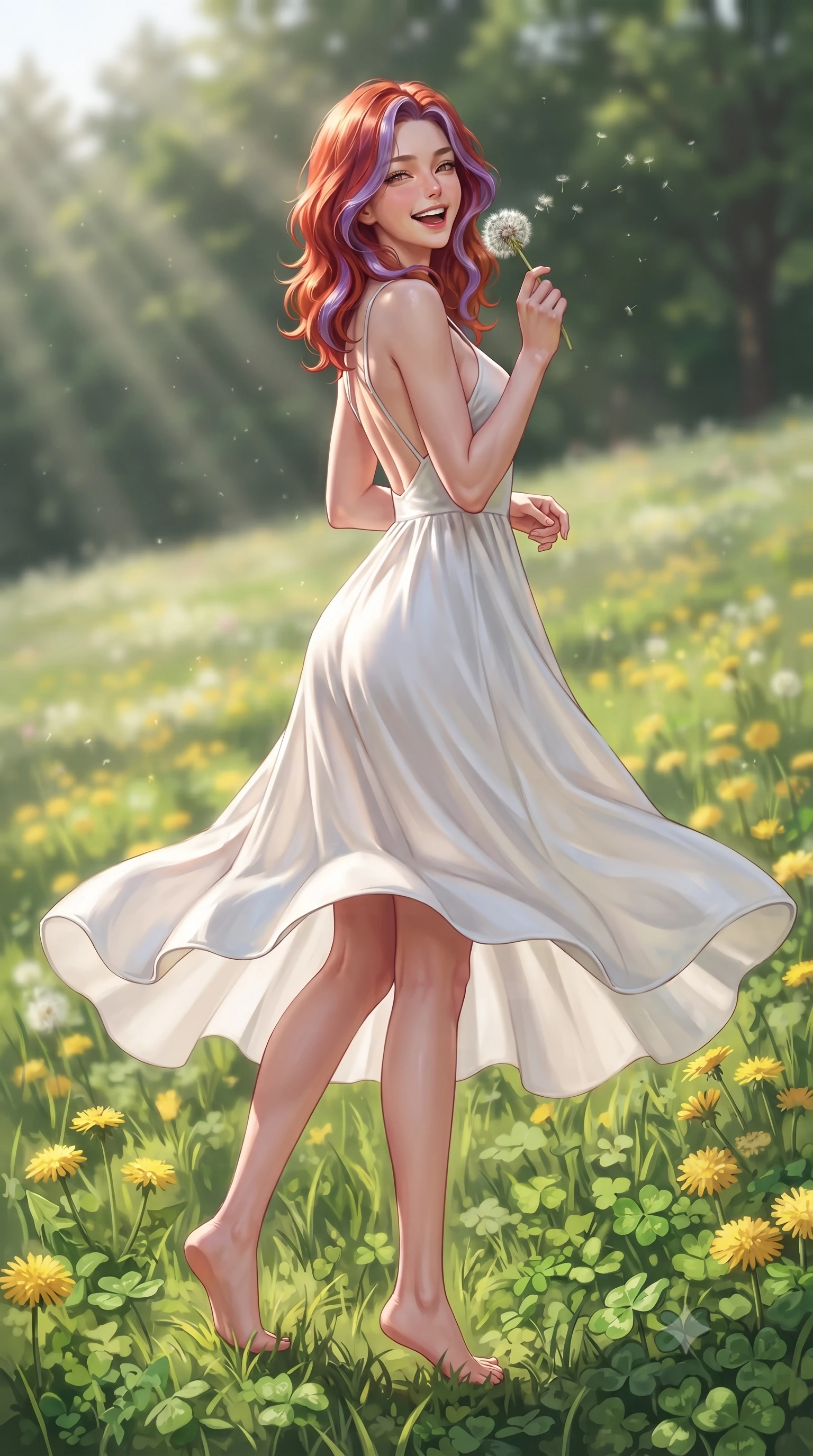 score_9, masterpiece, best quality, ultra-detailed, high-budget anime keyframe, editorial fashion photography, tasteful artistic composition, Caucasian woman. low angle full-body shot from head to toe showing her feet, filling the entire 9:16 vertical frame with her statuesque presence, stretching her vertical silhouette. twirling around with a playful, sensual laugh, her dress fluttering elegantly to accent her waistline set against a soft-focus background of on a grassy hill covered with yellow dandelions and fresh green clover holding a fluffy dandelion clock, ready to blow the seeds with a cute smile. She has an absolutely perfect, statuesque 8.5-heads proportion, an exceptionally tall and slender model-like female figure with impossibly long slender legs and an ultra-slim waist. sharp v-shaped jawline, high-bridge nose, intricate jewel-like eyes with depth, thick eyelashes, glossy lips with a natural sheen. wearing form-contouring backless cotton sundress in white, featuring delicate straps and a long flowing skirt. volumetric sunbeams slicing through tree edges onto the grassy meadow. ultra-reflective glossy finish, specular highlights, metallic sheen, high-contrast stereoscopic depth, volumetric dynamic lighting, 2k, ultra detail, master piece, 9:16 ratio
