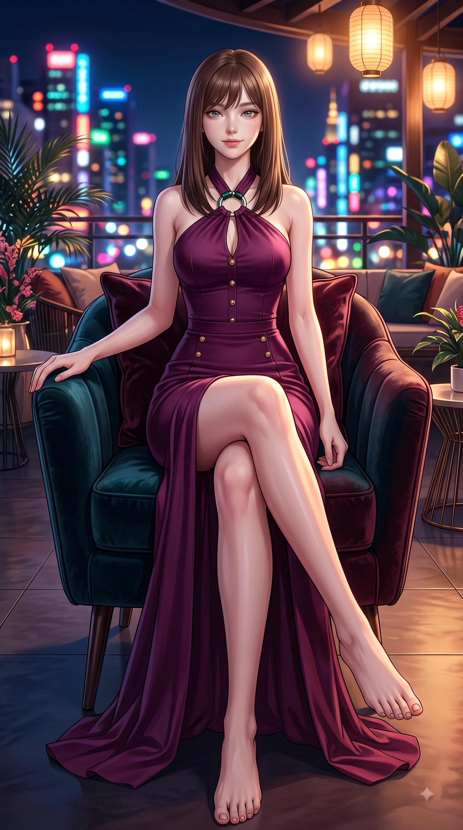 score_9, masterpiece, best quality, ultra-detailed, high-budget anime keyframe, editorial fashion photography, tasteful artistic composition, Korean woman. low angle full-body shot from head to toe showing her feet, filling the entire 9:16 vertical frame with her statuesque presence, stretching her vertical silhouette. Pure innocent expression with clear crystalline eyes, a gentle tender smile, and an airy serene aura while lounging in a velvet designer chair under warm ambient outdoor lanterns. The surrounding environment is rendered in vivid detail and crisp panoramic clarity. vibrant city night lights and sleek rooftop lounge decor captured with environmental precision. She has an absolutely perfect, statuesque 8.5-heads proportion, an exceptionally tall and slender model-like female figure with impossibly long slender legs and an ultra-slim waist. sharp v-shaped jawline, high-bridge nose, intricate jewel-like eyes with depth, thick eyelashes, glossy lips with a natural sheen, flawlessly proportioned anatomical accuracy, natural body alignment, perfectly sculpted elegant limbs, clean dynamic posture without body distortion. wearing a rich plum purple halter-neck silk dress with silver ring hardware in deep emerald green and champagne gold, tailored from structured wool crepe with clean lines, finished with gold metallic hardware buttons along the front, the form-contouring material accentuating her ultra-slim waist and long lines. surrounded by an opulent, glamorous, and high-fashion nightlife editorial aura. highly saturated vibrant anime colors, detailed shading with soft gradients, rich glossy textures, high-contrast stereoscopic depth, volumetric dynamic lighting, master piece, 9:16 ratio