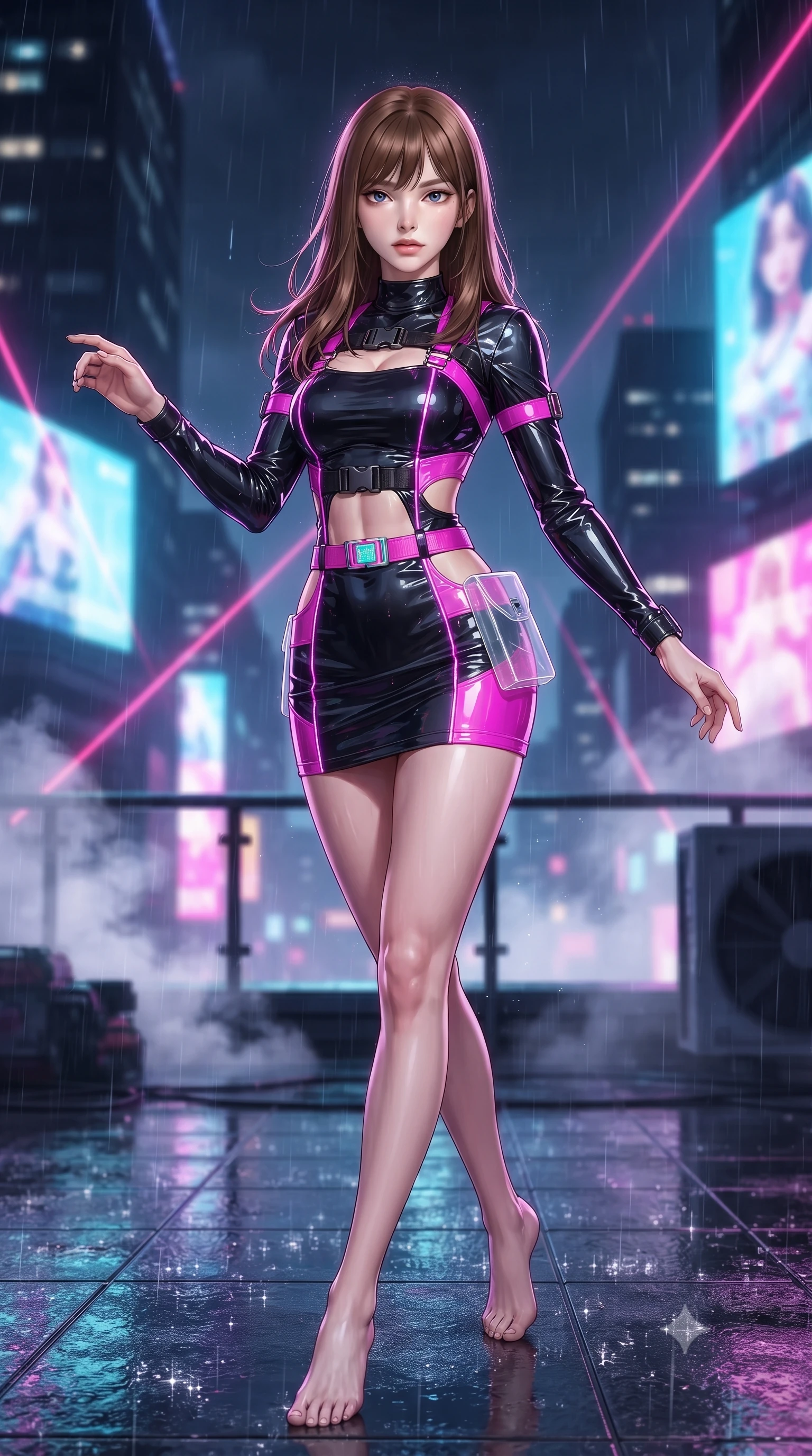 score_9, masterpiece, best quality, ultra-detailed, high-budget anime keyframe, editorial fashion photography, tasteful artistic composition, Korean woman. low angle full-body shot from head to toe showing her feet, filling the entire 9:16 vertical frame with her statuesque presence, stretching her vertical silhouette. stepping forward gracefully in mid-motion, displaying her toned flat midriff and flawlessly sculpted slender limbs while dancing dynamically on a rain-slicked skyscraper rooftop amidst pulsating RGB laser beams and giant holographic billboards. The composition keeps background elements in soft focus with creamy bokeh. drifting smoke machine haze and falling raindrops catching laser beam motes across the rooftop. She has an absolutely perfect, statuesque 8.5-heads proportion, an exceptionally tall and slender model-like female figure with impossibly long slender legs, a toned flat midriff, and an ultra-slim waist. sharp v-shaped jawline, high-bridge nose, intricate jewel-like eyes with depth, thick eyelashes, glossy lips with a natural sheen, captivating and magnetic expression, flawlessly proportioned anatomical accuracy, strict slender model proportions, natural body alignment, perfectly sculpted long slender limbs, ultra-slim waistline, clean dynamic posture without body distortion. wearing a high-gloss vinyl mini dress accented with industrial buckle straps and side-waist cutouts in matte pitch-black and vivid neon magenta, tailored from lightweight crinkle nylon with glowing reflective piping, complemented by a neon LED belt buckle and translucent vinyl holster, the glove-like aerodynamic second-skin fit tightly clinging to her ultra-slender waist and athletic curves without adding bulk, accentuating her razor-sharp statuesque lines and slim hourglass silhouette. surrounded by a vibrant, fearless, and passionately energetic Y2K party queen aura. ultra-reflective glossy finish, specular highlights, rich textural contrasts, high-contrast stereoscopic depth, volumetric dynamic lighting, 2k, ultra detail, master piece, 9:16 ratio