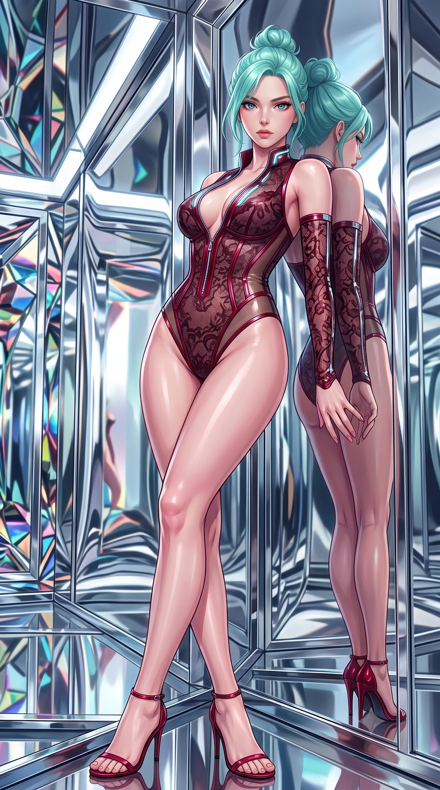 score_9, masterpiece, best quality, ultra-detailed, high-budget anime keyframe, semi-realistic 3D game render, editorial fashion photography, tasteful artistic composition, Japanese woman. low angle full-body shot from head to toe showing her feet, filling the entire 9:16 vertical frame with her statuesque presence, stretching her vertical silhouette. arching her back in a fluid zero-gravity turn with sovereign grace, her long slender legs and sculpted torso creating a sweeping line while leaning seductively against a distorting chrome mirror wall while gazing directly into the lens. The surrounding environment is rendered in vivid detail and crisp panoramic clarity. intricate kaleidoscope reflections, crisp metallic specular highlights, and modern geometric framing in high clarity. She has an absolutely perfect, statuesque 8.5-heads proportion, an exceptionally tall and slender model-like female figure with impossibly long slender legs and an ultra-slim waist. sharp v-shaped jawline, high-bridge nose, intricate jewel-like eyes with depth, thick eyelashes, glossy lips with a natural sheen, flawlessly proportioned anatomical accuracy, natural body alignment, perfectly sculpted elegant limbs, clean dynamic posture without body distortion. wearing a sheer dark lace pattern bodysuit with structured corsetry boning, sheer contouring side panels, and detached lace sleeves in deep ruby red and polished chrome accents, crafted from ultra-reflective second-skin latex with a glass-like polish, featuring a dangerously unzipped neckline framed by glowing cybernetic accents, the glove-like fit tightly following every curve of her statuesque athletic build. surrounded by a hyper-luxurious, futuristic, and fiercely glamorous fashion editorial aura. highly saturated vibrant anime colors, detailed shading with soft gradients, rich glossy textures, high-contrast stereoscopic depth, volumetric dynamic lighting, master piece, 9:16 ratio