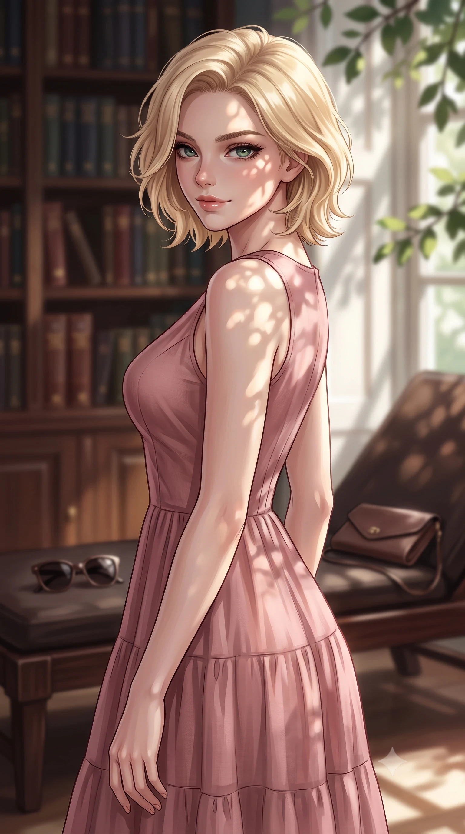 score_9, masterpiece, best quality, ultra-detailed, high-budget anime keyframe, editorial fashion photography, tasteful artistic composition, Caucasian woman. close-up cowboy shot from the waist and thighs up, the character dominates the composition, filling the frame with her large presence, background elements kept in soft focus. glancing sidelong over her shoulder with an intoxicating, lingering stare and a subtle, knowing smile set against a soft-focus background of inside an exclusive historic manor library with a pair of designer sunglasses and a sleek leather clutch bag on the lounger. She has an exceptionally elegant, slender, and willowy female figure with an ultra-slim waist, a gracefully sculpted slender torso, and a refined silhouette. sharp v-shaped jawline, high-bridge nose, intricate jewel-like eyes with depth, thick eyelashes, glossy lips with a natural sheen. wearing tailored dusty rose semi-opaque chiffon flowy linen sundress with a comfortable tiered skirt silhouette featuring refined tailored seams. highlighted by dappled sunlight filtering through leafy branches, creating soft organic patterns. highly saturated vibrant anime colors, detailed shading with soft gradients, rich glossy textures, high-contrast stereoscopic depth, volumetric dynamic lighting, master piece, 9:16 ratio