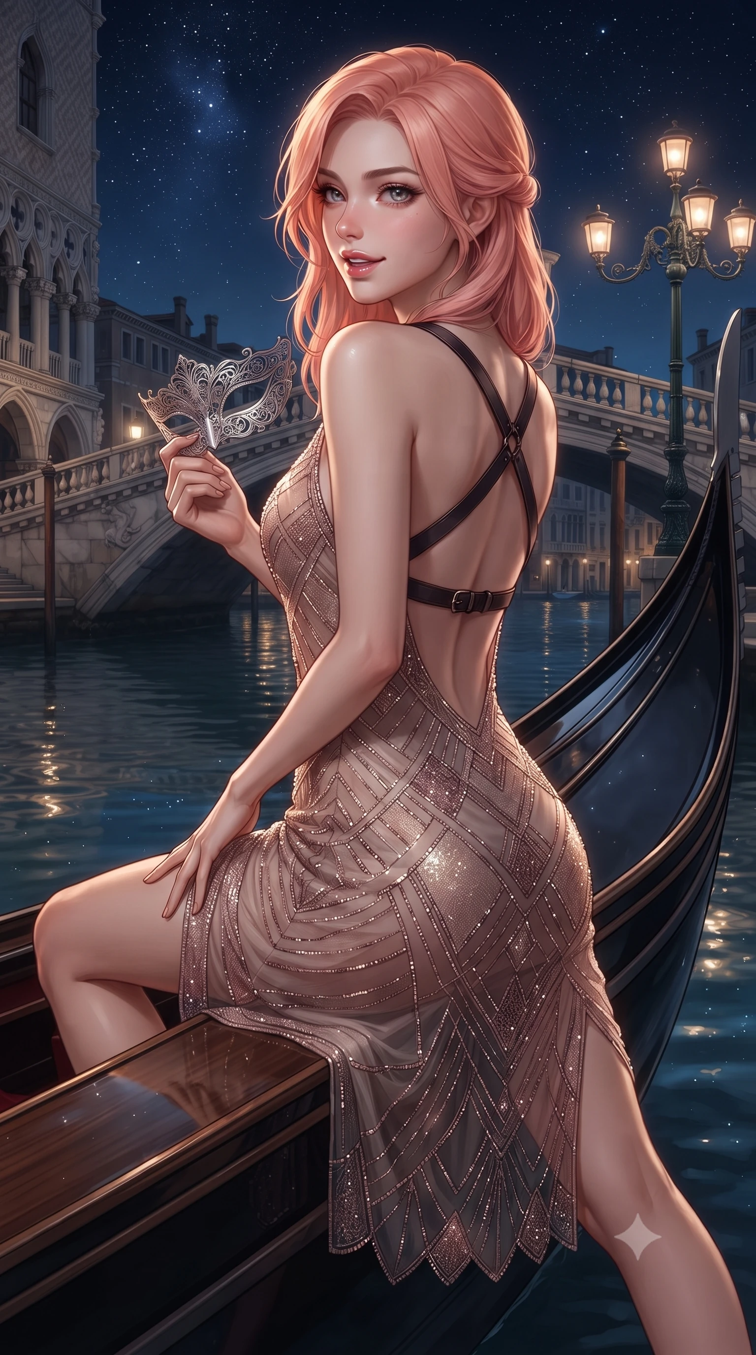 score_9, masterpiece, best quality, ultra-detailed, high-budget anime keyframe, editorial fashion photography, tasteful artistic composition, Japanese woman. close-up cowboy shot from the waist and thighs up, the character dominates the composition, filling the frame with her large presence. resting one manicured hand delicately on her hip bone, her upper body turning in a fluid, seductive S-curve while parted lips glisten in the light while perching sideways on the polished wood gondola gunwale, looking back over a bare shoulder with an alluring, teasing smile as she holds an ornate filigree mask. The surrounding environment is rendered in vivid detail and crisp panoramic clarity. detailed mask filigree, silk dress drape folds, and starry night sky reflections in high resolution. She has an exceptionally elegant, slender, and willowy female figure with an ultra-slim waist, flat toned midriff, narrow ribcage, and sculpted feminine hips creating an alluring, slim hourglass silhouette without bulk. sharp v-shaped jawline, high-bridge nose, intricate jewel-like eyes with depth, thick eyelashes, glossy parted lips with a natural sheen, intensely captivating and seductive bedroom-eyes expression, flawlessly proportioned anatomical accuracy, strict slender model proportions, natural body alignment, perfectly sculpted long slender limbs, ultra-slim waistline, clean dynamic posture without body distortion. wearing a sheer vintage mesh flapper dress adorned with intricate geometric beadwork over an opaque silk slip in dusky blush rose and champagne shimmer, crafted from luxurious metallic lamé that shifts radiance with every step, featuring an open-back criss-cross harness strap in dark leather, the form-contouring material adhering flawlessly to her sculpted flat midriff and slender torso, emphasizing her long leg lines and perfectly proportioned willowy build. illuminated by crisp specular highlights defining her slender neckline, ultra-slim waist, and curvy hips. ultra-reflective glossy finish, specular highlights, rich textural contrasts, high-contrast stereoscopic depth, volumetric dynamic lighting, 2k, ultra detail, master piece, 9:16 ratio