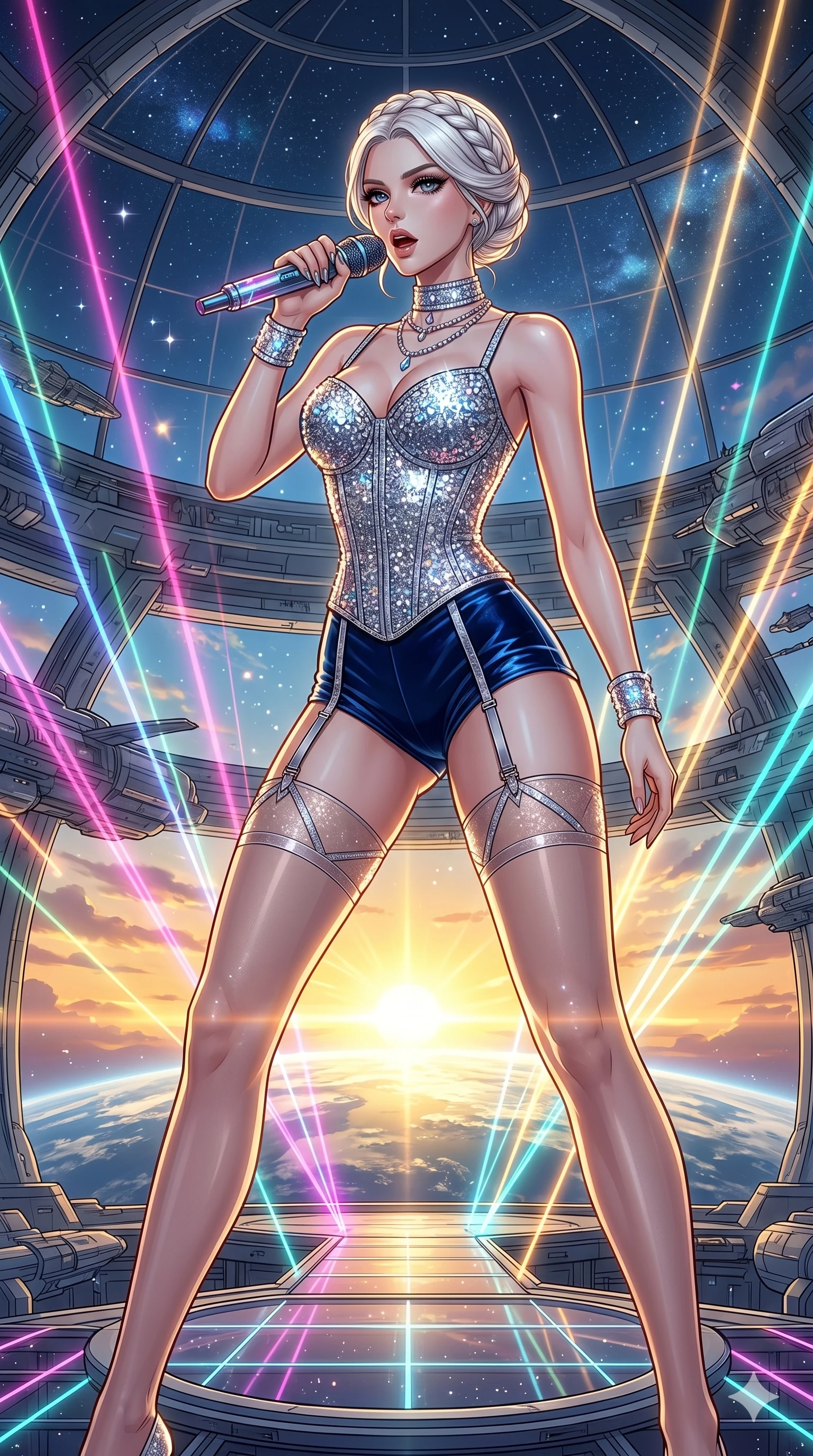 score_9, masterpiece, best quality, ultra-detailed, high-budget anime movie keyframe, cinematic anime lighting, intricate line art, Caucasian (strictly human ears) woman. Low angle cowboy shot filling the entire 9:16 frame with her statuesque presence. singing on a laser stage in a futuristic orbital station during a golden sunset. She has an absolutely perfect 8-heads proportion, an exceptionally tall and slender female figure with an ultra-slim waist and impossibly long slender legs. sharp v-shaped jawline, high-bridge nose, intricate jewel-like eyes, thick eyelashes, glossy lips. Wearing luxurious K-pop idol stage outfit featuring a sparkling sequined corset, high-cut velvet shorts, and sheer silk stockings with garter belts, accessorized with crystal chokers. The scene is illuminated by dramatic atmospheric lighting and vibrant color palettes. , 2k, ultra detail, master piece, 9:16 ratio