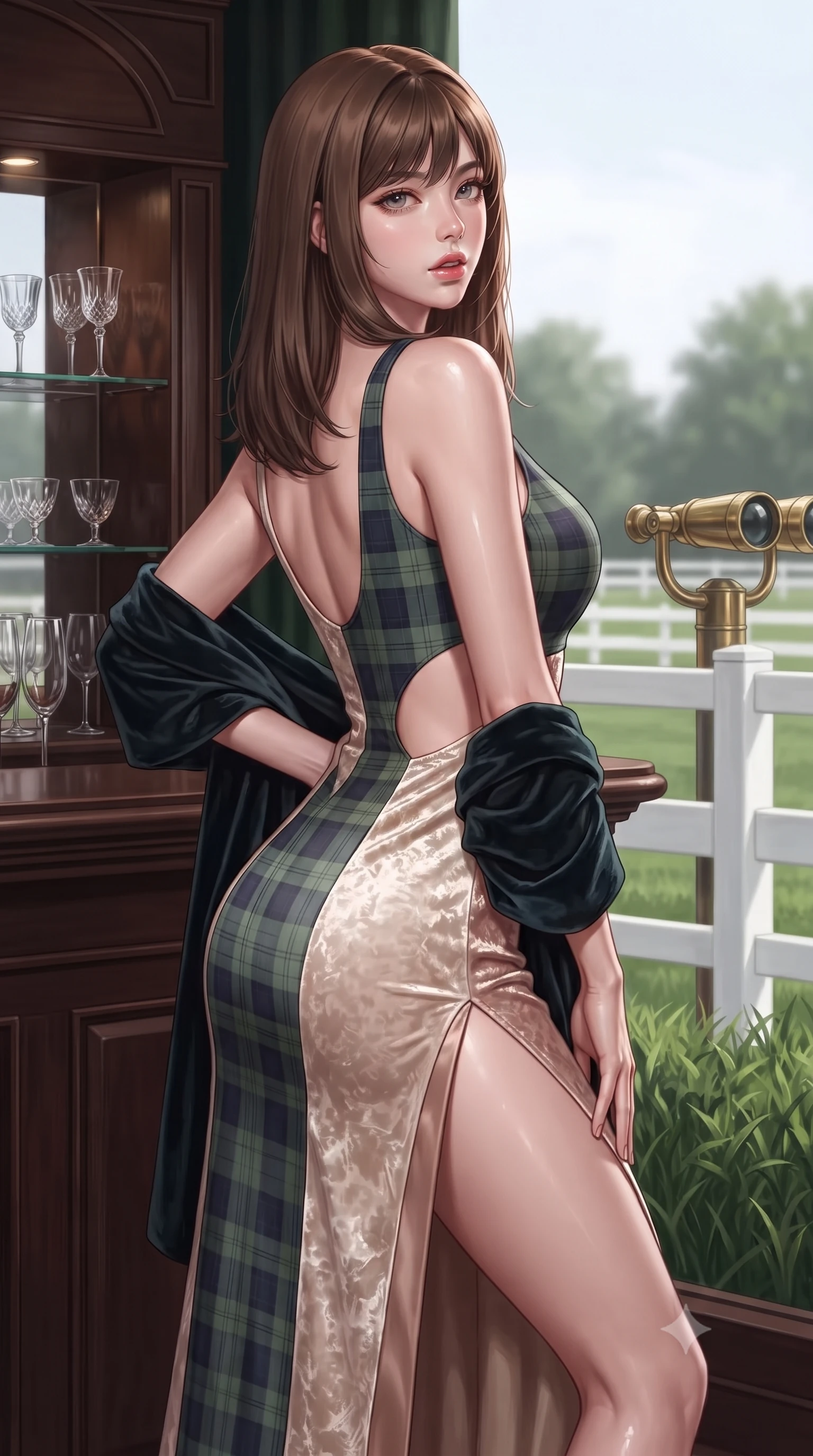 score_9, masterpiece, best quality, ultra-detailed, high-budget anime keyframe, editorial fashion photography, tasteful artistic composition, Korean woman. close-up cowboy shot from the waist and thighs up, the character dominates the composition, filling the frame with her large presence. posing in an alluring rear three-quarter angle, arching her lower back in a pronounced S-curve with one hand on her hip, glancing seductively over her bare shoulder with parted glossy lips while twisting her slender torso in an assertive contrapposto stance beside the private turf bar, her form-contouring riding suit sculpting her feminine hourglass lines. The surrounding environment is rendered in vivid detail and crisp panoramic clarity. sharp white wooden paddock rails, polished brass binocular hardware, and manicured turf grass blades in deep focus. She has an exceptionally elegant, slender, and willowy female figure with an ultra-slim waist, flat toned midriff, narrow ribcage, and sculpted feminine hips creating an alluring, slim hourglass silhouette without bulk. sharp v-shaped jawline, high-bridge nose, intricate jewel-like eyes with depth, thick eyelashes, glossy parted lips with a natural sheen, intensely captivating and seductive bedroom-eyes expression, flawlessly proportioned anatomical accuracy, strict slender model proportions, natural body alignment, perfectly sculpted long slender limbs, ultra-slim waistline, clean dynamic posture without body distortion. wearing a tailored tartan-wool and crushed-velvet corseted gala gown with an architectural open-waist cutout and high-cut thigh slit in vintage champagne ivory and delicate rose gold, formed from supple second-skin lambskin leather with specular sheen, complemented by a plush velvet shawl draped loosely over her elbows, the precision-cut side openings and low-back scoop framing her graceful spine and the sensual sweep of her slim, toned hips. surrounded by an untouchable, elite, and irresistibly prestigious equestrian heiress aura. ultra-reflective glossy finish, specular highlights, rich textural contrasts, high-contrast stereoscopic depth, volumetric dynamic lighting, 2k, ultra detail, master piece, 9:16 ratio