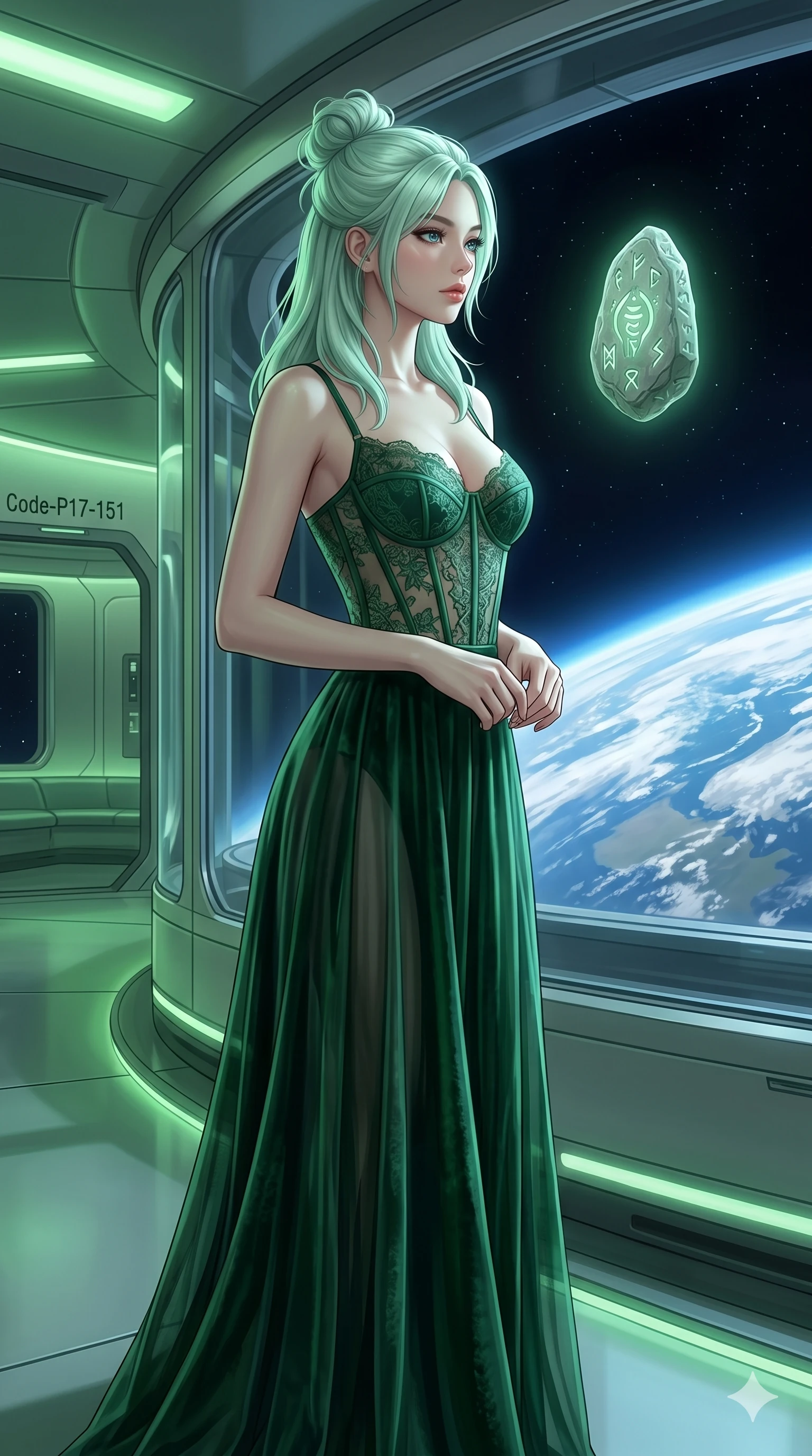 score_9, masterpiece, best quality, ultra-detailed, high-budget anime keyframe, editorial fashion photography, tasteful artistic composition, Japanese woman. cowboy shot from the thighs up, character and outfit filling the frame for maximum editorial presence. gazing at a floating runestone, her expression composed inside a space station lounge with Earth view (Code-P17-151). She has an absolutely perfect 8-heads proportion, an exceptionally tall and slender female figure with impossibly long slender legs and an ultra-slim waist. V-shaped jawline, high-bridge nose, intricate jewel-like eyes with depth, thick eyelashes, glossy lips with a natural sheen. wearing a sheer velvet gown featuring a lace corset bodice. soft green ambient light with a sharp key light tracing her silhouette and clavicle. 2k, ultra detail, master piece, 9:16 ratio