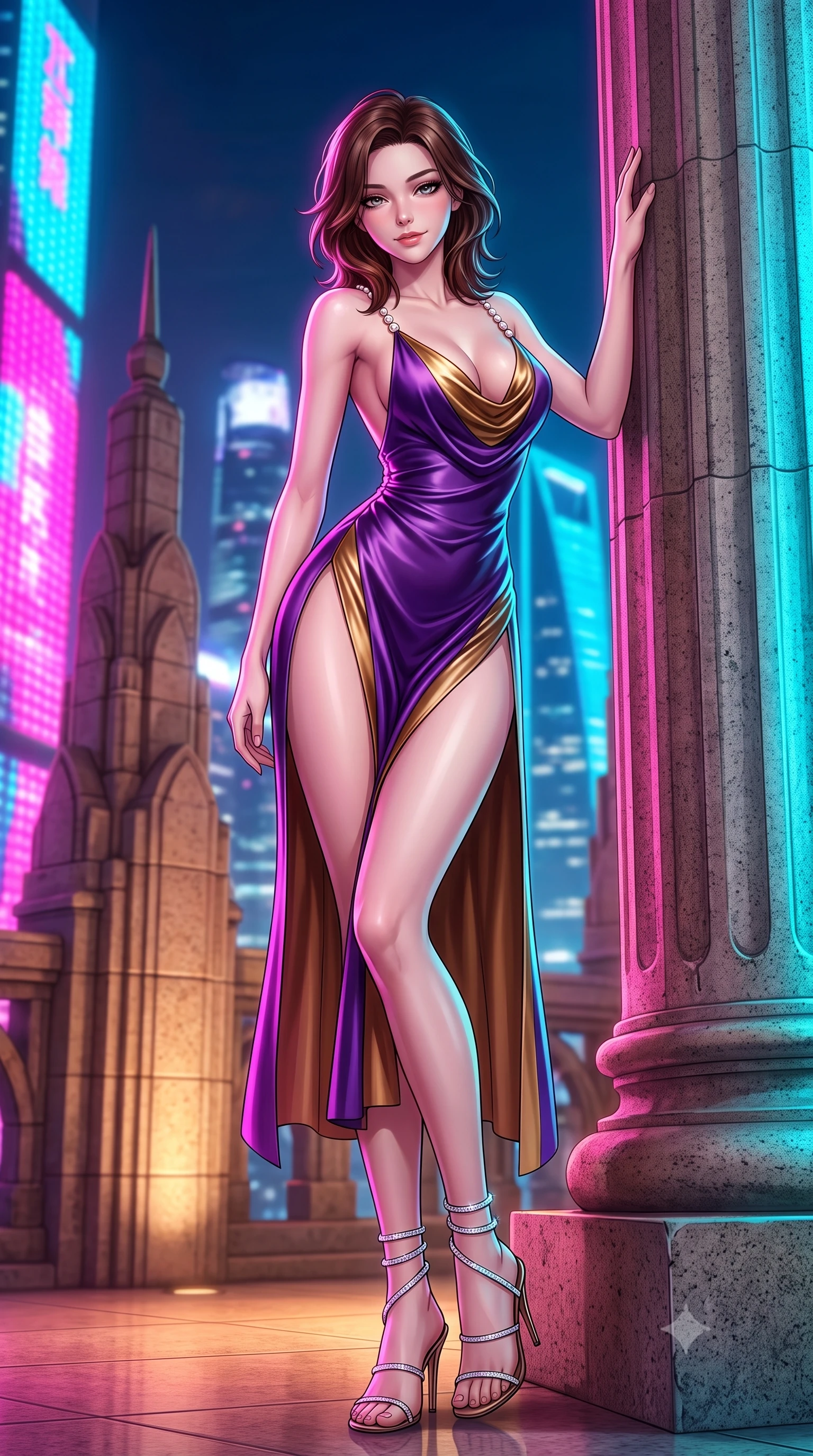 score_9, masterpiece, best quality, ultra-detailed, high-budget anime keyframe, semi-realistic 3D game render, editorial fashion photography, tasteful artistic composition, Korean woman. low angle full-body shot from head to toe showing her feet, filling the entire 9:16 vertical frame with her statuesque presence, stretching her vertical silhouette. standing tall beside the architectural column, one hand resting high while arching her lower back to emphasize her sculpted feminine hips and slender waist while twisting her slender torso in an alluring contrapposto stance, vibrant magenta and electric cyan skyscraper lights tracing her flat midriff and curvy hips. The background shows a soft-focus stepped Art Deco stone spires softened in ultra-modern nocturnal metropolis shallow focus. She has an absolutely perfect, statuesque 8.5-heads proportion, an exceptionally tall and slender model-like female figure with impossibly long slender legs, an ultra-slim waist, a flat toned midriff, narrow delicate ribcage, and beautifully sculpted feminine hips creating a graceful, slim hourglass silhouette without any bulky heaviness. sharp v-shaped jawline, high-bridge nose, sparkling eyes with hypnotic seductive depth, thick curled eyelashes, glossy parted lips with a natural dewy peach sheen, alluring bedroom-eyes with an enchanting coquettish smile, exuding magnetic siren charisma and sophisticated glamour, flawlessly proportioned anatomical accuracy, strict slender model proportions, natural body alignment, perfectly sculpted long slender limbs, ultra-slim waistline, clean dynamic posture without body distortion. wearing a plunging cowl-neck liquid silk satin sarong slip dress with daring hip-high double slits and pearl shoulder straps in royal amethyst purple and gilded bronze, woven from buttery-soft stretch lambskin leather adhering to her body like a second skin, complemented by strappy stiletto sandals with crystal ankle wraps accentuating her slender calves, the liquid-tight tailored fabric clinging flawlessly to her narrow waist and rounded feminine hips, emphasizing every millimeter of her sculpted slim hourglass curves without any bulky heaviness. bathed in dynamic multi-color saturated neon spill from towering Pudong LED facades mixed with warm terrace floor uplighting. highly saturated vibrant anime colors, detailed shading with soft gradients, rich glossy textures, high-contrast stereoscopic depth, volumetric dynamic lighting, master piece, 9:16 ratio