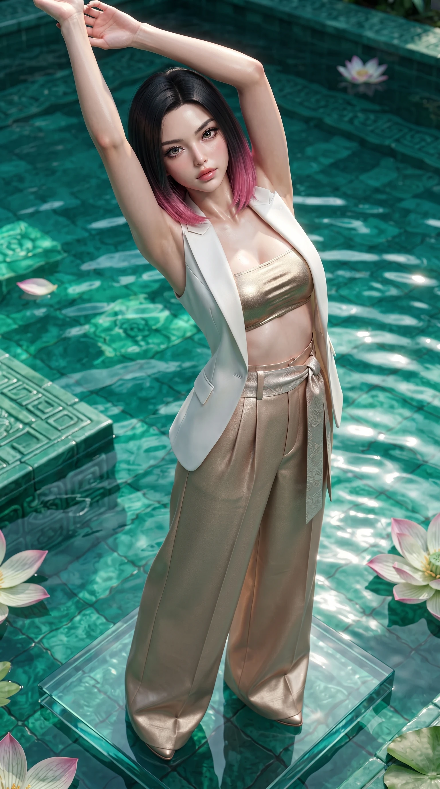 score_9, masterpiece, best quality, ultra-detailed, high-budget anime keyframe, editorial fashion photography, tasteful artistic composition, Korean woman. close-up cowboy shot from the waist and thighs up, the character dominates the composition, filling the frame with her large presence. arching her back languidly with arms stretching overhead, highlighting her narrow waist and feminine silhouette in pure supermodel elegance while standing poised on a floating glass stepping stone above the emerald biosphere, displaying her flawless slender proportions. The surrounding environment is rendered in vivid detail and crisp panoramic clarity. sharp water surface tension ripples, carved jade pool tiling, and floating lotus petal veins in deep focus. She has an exceptionally elegant, slender, and willowy female figure with an ultra-slim waist, a gracefully sculpted slender torso, toned flat midriff, and a refined slim silhouette. sharp v-shaped jawline, high-bridge nose, intricate jewel-like eyes with depth, thick eyelashes, glossy parted lips with a natural sheen, intensely captivating and seductive expression, flawlessly proportioned anatomical accuracy, strict slender model proportions, natural body alignment, perfectly sculpted long slender limbs, ultra-slim waistline, clean dynamic posture without body distortion. wearing a tailored white solar-fiber tuxedo vest worn open over a metallic gold bandeau top and wide slacks in desert sand beige and pearlescent bronze, woven from fine organic mulberry silk with metallic gold thread, accented with a wide sash belt cinching her impossibly narrow waist, the relaxed yet flattering fit accentuating her naturally graceful and slender figure, highlighting her tall statuesque proportions. surrounded by a fresh, captivating, and delightfully invigorating summer muse aura. ultra-reflective glossy finish, specular highlights, rich textural contrasts, high-contrast stereoscopic depth, volumetric dynamic lighting, 2k, ultra detail, master piece, 9:16 ratio