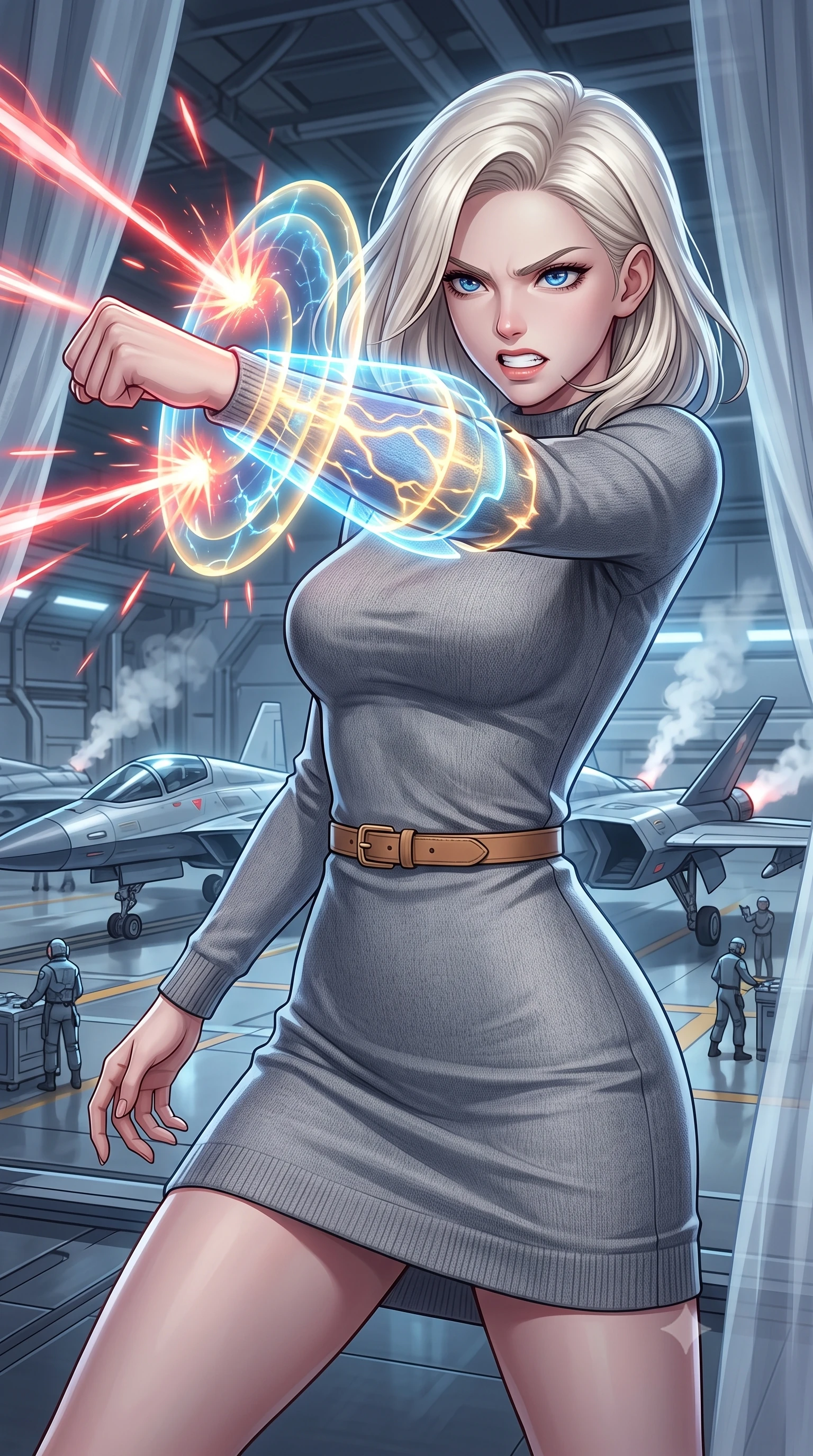 score_9, masterpiece, best quality, ultra-detailed, high-budget anime keyframe, editorial fashion photography, tasteful artistic composition, Caucasian woman, strictly human ears. close-up cowboy shot from the waist and thighs up, the character dominates the composition, filling the frame with her large presence, background elements kept in soft focus. Deflecting incoming plasma bolts with a glowing energy shield attached to her forearm, teeth grit in determination. set against a soft-focus background of a busy hangar bay, sleek fighter ships on launch rails with steam venting from engines, crew members in soft focus. She has an exceptionally elegant and slender, willowy female figure with an ultra-slim waist, a gracefully sculpted slender torso, and a refined slim physique. sharp v-shaped jawline, high-bridge nose, intricate jewel-like eyes with depth, thick eyelashes, glossy lips with a natural sheen. wearing tailored for maximum mobility, sleek form-contouring panels that allow fluid movement, a tailored soft grey wool-blend sweater dress with long sleeves, paired with a thin camel-colored leather belt. highly saturated vibrant anime colors, intense vivid color palette, soft 3D volumetric shading, volumetric dynamic lighting, cold silver moonlight filtered through translucent gossamer curtains casting delicate shadows. 2k, ultra detail, master piece, 9:16 ratio