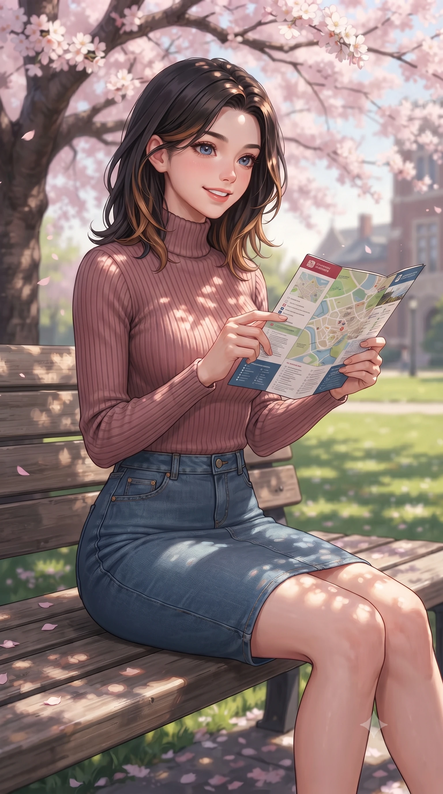 score_9, masterpiece, best quality, ultra-detailed, high-budget anime keyframe, editorial fashion photography, tasteful artistic composition, Korean woman. close-up cowboy shot from the waist and thighs up, the character dominates the composition, filling the frame with her large presence, background elements kept in soft focus. gazing past the camera with a happy, bright expression and a warm smile set against a soft-focus background of sitting on a wooden bench under a large, blooming cherry blossom tree on a college campus lawn looking at a campus map brochure with a cheerful, curious look. She has an exceptionally elegant, slender, and willowy female figure with an ultra-slim waist, a gracefully sculpted slender torso, and a refined silhouette. sharp v-shaped jawline, high-bridge nose, intricate jewel-like eyes with depth, thick eyelashes, glossy lips with a natural sheen. wearing body-hugging form-fitting ribbed knit turtleneck in dusty rose, tucked into a slim denim pencil skirt. dappled sunlight creating beautiful light patterns on her skin and the ground. ultra-reflective glossy finish, specular highlights, metallic sheen, high-contrast stereoscopic depth, volumetric dynamic lighting, 2k, ultra detail, master piece, 9:16 ratio