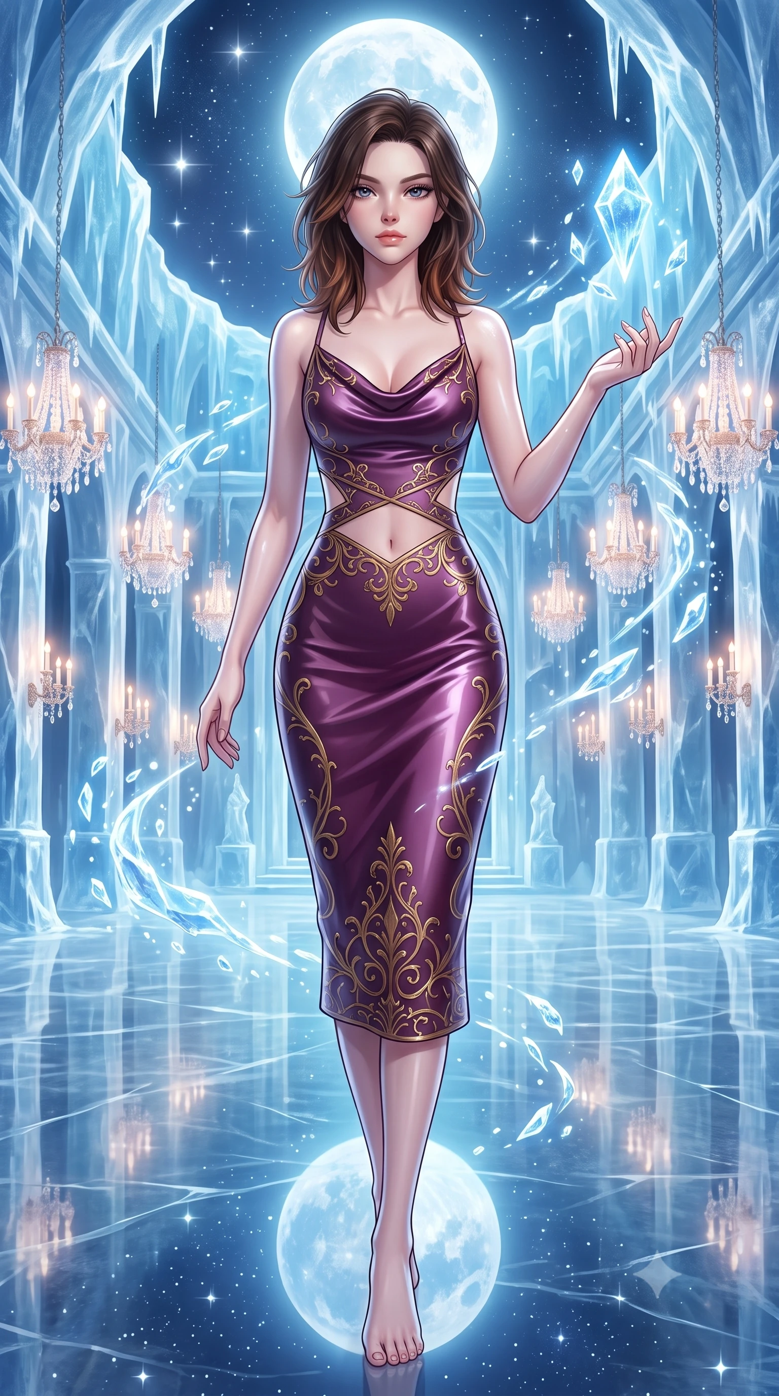 score_9, masterpiece, best quality, ultra-detailed, high-budget anime keyframe, editorial fashion photography, tasteful artistic composition, Korean woman. low angle full-body shot from head to toe showing her feet, filling the entire 9:16 vertical frame with her statuesque presence, stretching her vertical silhouette. interacting gracefully with the magical floating elements while maintaining a confident posture standing in an open-air ice palace ballroom lined with glowing crystal chandeliers, clear glacial ice reflecting the radiant full moon and starlight like a mirror. She has an absolutely perfect, statuesque 8.5-heads proportion, an exceptionally tall and slender model-like female figure with impossibly long slender legs and an ultra-slim waist. sharp v-shaped jawline, high-bridge nose, intricate jewel-like eyes with depth, thick eyelashes, glossy lips with a natural sheen. wearing an elegant cowl-neck satin midi dress with a draped neckline in plum purple and gold filigree, tailored from high-gloss patent leather, featuring subtle geometric cutouts that highlight her ultra-slim midriff, the tailored fabric tightly following every curve of her athletic build. surrounded by an opulent, frozen fairytale ambiance with high specular shine. highly saturated vibrant anime colors, detailed shading with soft gradients, rich glossy textures, high-contrast stereoscopic depth, volumetric dynamic lighting, master piece, 9:16 ratio
