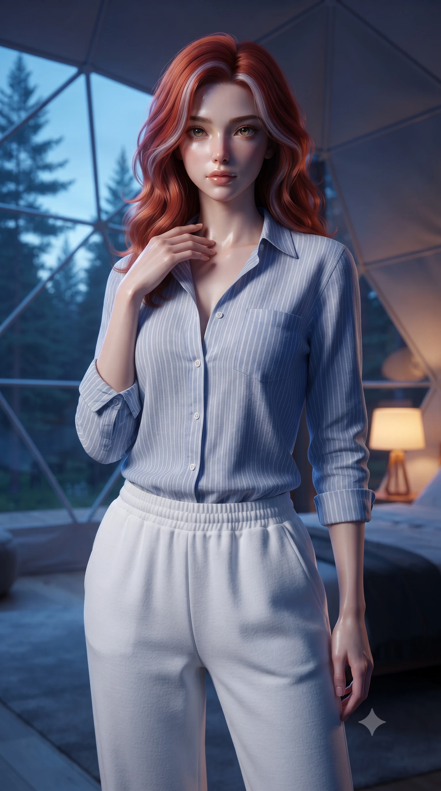 score_9, masterpiece, best quality, ultra-detailed, high-budget anime keyframe, editorial fashion photography, tasteful artistic composition, Caucasian woman. close-up cowboy shot from the waist and thighs up, the character dominates the composition, filling the frame with her large presence, background elements kept in soft focus. standing with one hand resting on her collarbone, looking at the viewer with bedroom-eyes the background shows a soft-focus the interior of a modern geodesic dome tent with panoramic views of a pine forest. She has an exceptionally elegant, slender, and willowy female figure with an ultra-slim waist, a gracefully sculpted slender torso, and a refined silhouette. sharp v-shaped jawline, high-bridge nose, intricate jewel-like eyes with depth, thick eyelashes, glossy lips with a natural sheen. wearing a slim-fit soft striped linen button-down shirt and relaxed-fit white cotton lounge pants. cool blue twilight sky glow contrasting with the warm amber glow of a bedside lamp. ultra-reflective glossy finish, specular highlights, metallic sheen, high-contrast stereoscopic depth, volumetric dynamic lighting, 2k, ultra detail, master piece, 9:16 ratio