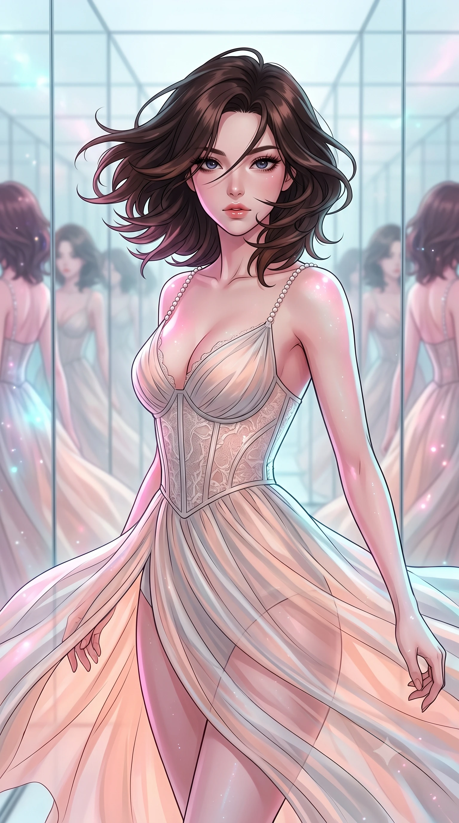 score_9, masterpiece, best quality, ultra-detailed, high-budget anime keyframe, clean line-art, cel-shading, Korean woman. close-up cowboy shot from the waist and thighs up, the character dominates the composition, filling the frame with her large presence, background elements kept in soft focus. Executing a sudden, fast pivot to face the camera, her hair whipping violently across her face. set against a soft-focus background of a space made entirely of tall mirror walls reflecting each other, creating an infinite corridor of duplicating reflections. She has an exceptionally elegant and slender, willowy female figure with an ultra-slim waist, a gracefully sculpted slender torso, and a refined slim physique. sharp v-shaped jawline, high-bridge nose, intricate jewel-like eyes with depth, thick eyelashes, glossy lips with a natural sheen. wearing the lightweight fabric rippling and billowing dramatically with her movement, a slim-fit translucent gossamer gown in pale peach and silver, with pearl-chain straps and a structured lace corset bodice. starlight and nebula glow casting soft cosmic pink and cyan highlights on her form. highly saturated vibrant anime colors, intense vivid color palette, volumetric dynamic lighting, 2k, ultra detail, master piece, 9:16 ratio