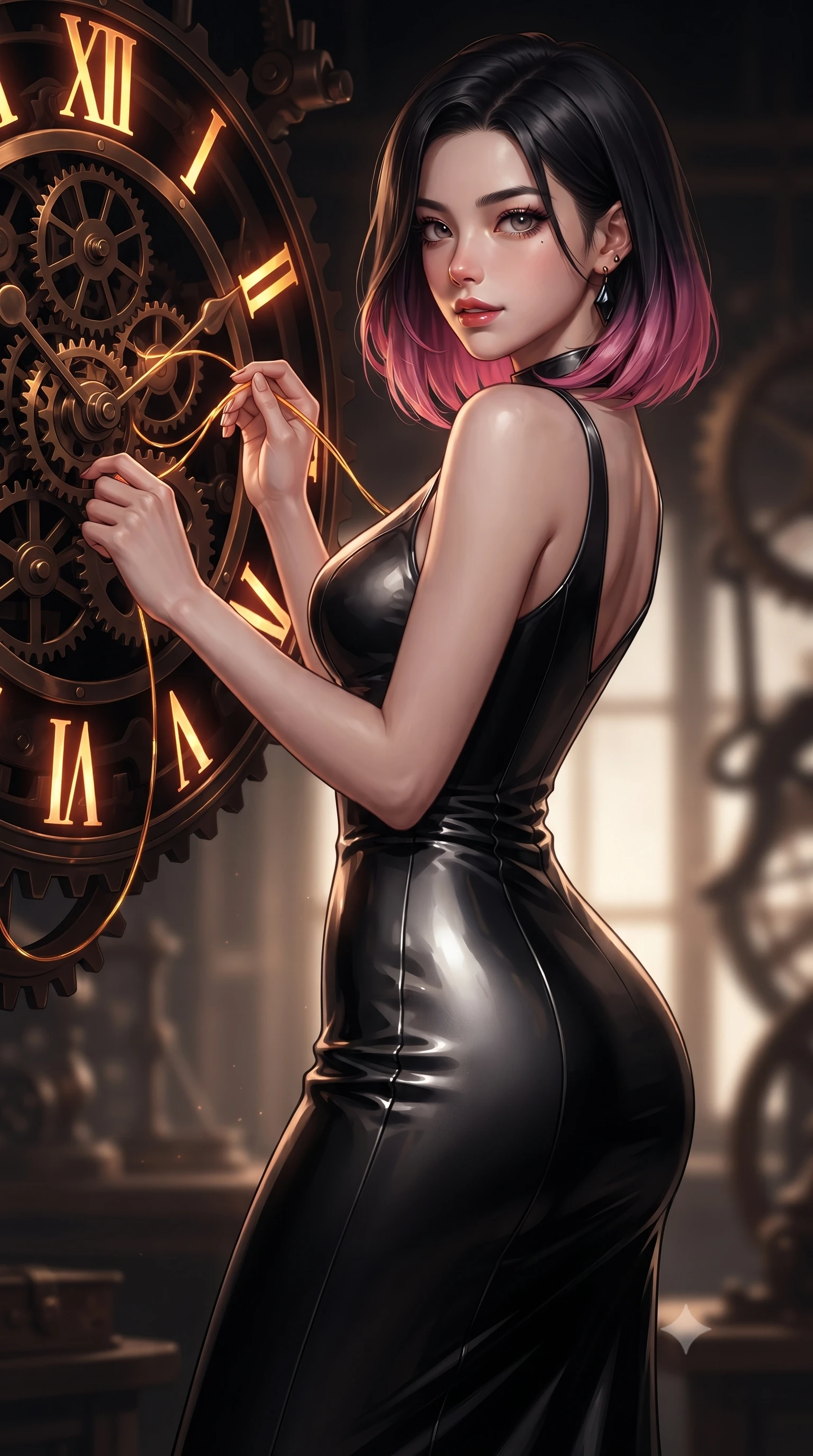 score_9, masterpiece, best quality, ultra-detailed, high-budget anime keyframe, editorial fashion photography, tasteful artistic composition, Korean woman. close-up cowboy shot from the waist and thighs up, the character dominates the composition, filling the frame with her large presence, background elements kept in soft focus. Glancing sidelong over her shoulder with a smoldering, enigmatic half-smile, threading glowing amber clock wires through dark bronze mechanical sprockets, glowing amber Roman numerals casting warm light across her face. She has an exceptionally elegant, slender, and willowy female figure with an ultra-slim waist, a gracefully sculpted slender torso, and a refined silhouette. sharp v-shaped jawline, high-bridge nose, intricate jewel-like eyes with depth, thick eyelashes, glossy lips with a natural sheen. wearing sculpted form-fitting dark velvet column gown in pitch black in metallic dark silver, made of high-gloss liquid vinyl, adorned with minimalist black onyx hardware framing the silhouette, contouring every curve with an exceptionally elegant silhouette. bathed in warm brass highlights contrasting against pitch-black clockwork shadows. highly saturated vibrant anime colors, detailed shading with soft gradients, rich glossy textures, high-contrast stereoscopic depth, volumetric dynamic lighting, master piece, 9:16 ratio