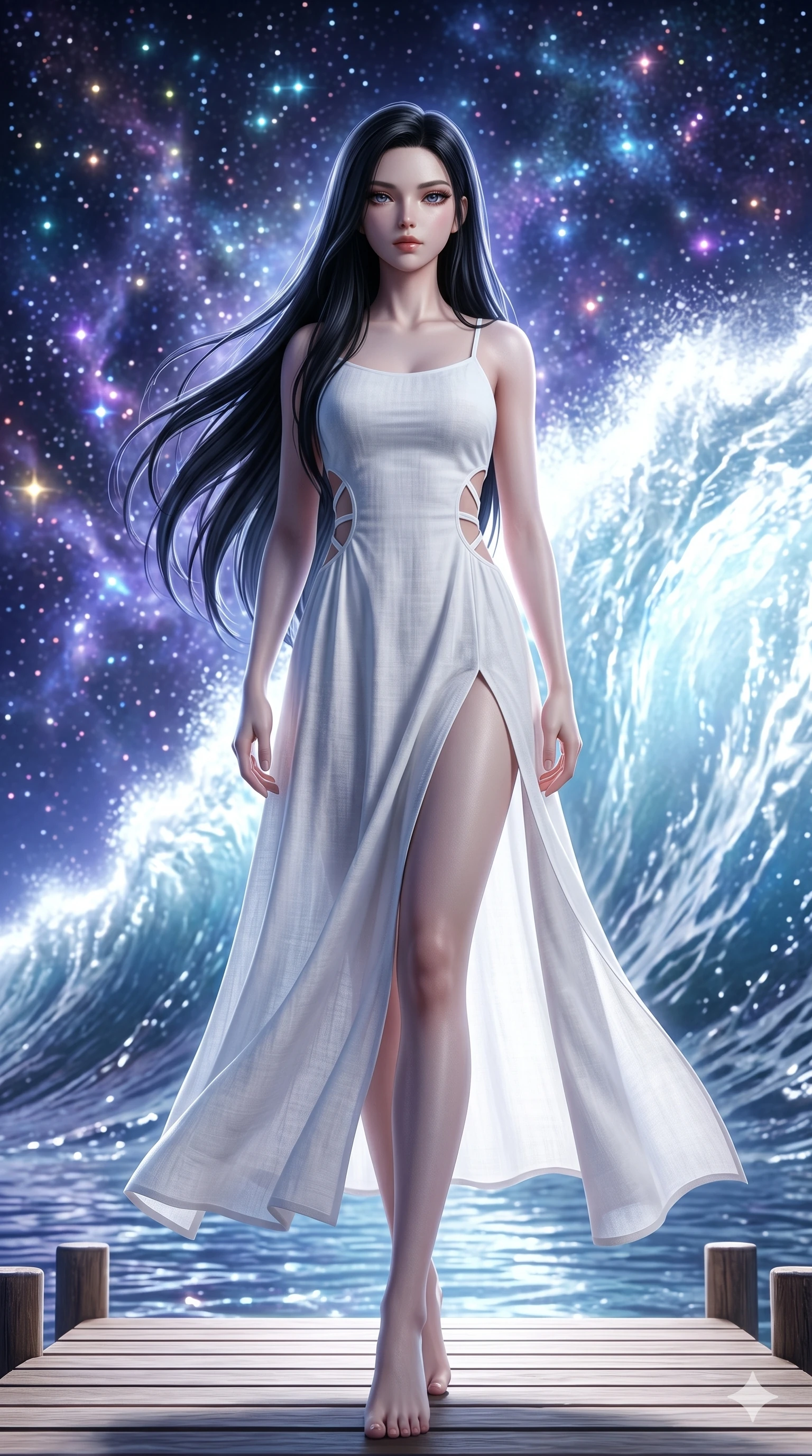 score_9, masterpiece, best quality, ultra-detailed, Set A: Photorealistic 8k CG, Japanese woman. Low angle cowboy shot filling the entire 9:16 frame with her statuesque presence. Standing on a pier as a giant wave of light crashes behind her. She has an absolutely perfect 8-heads proportion, an exceptionally tall and slender female figure with elegant long slender legs and an slender waist. Sharp v-shaped jawline, high-bridge nose, intricate jewel-like eyes with depth, thick eyelashes, glossy lips. Wearing a Seasonal/Resort outfit: linen sundress with side cut-outs and a high side slit. Background is a bright and colorful starry sea with a glowing blue wave and nebula sky. 2k, ultra detail, master piece, 9:16 ratio