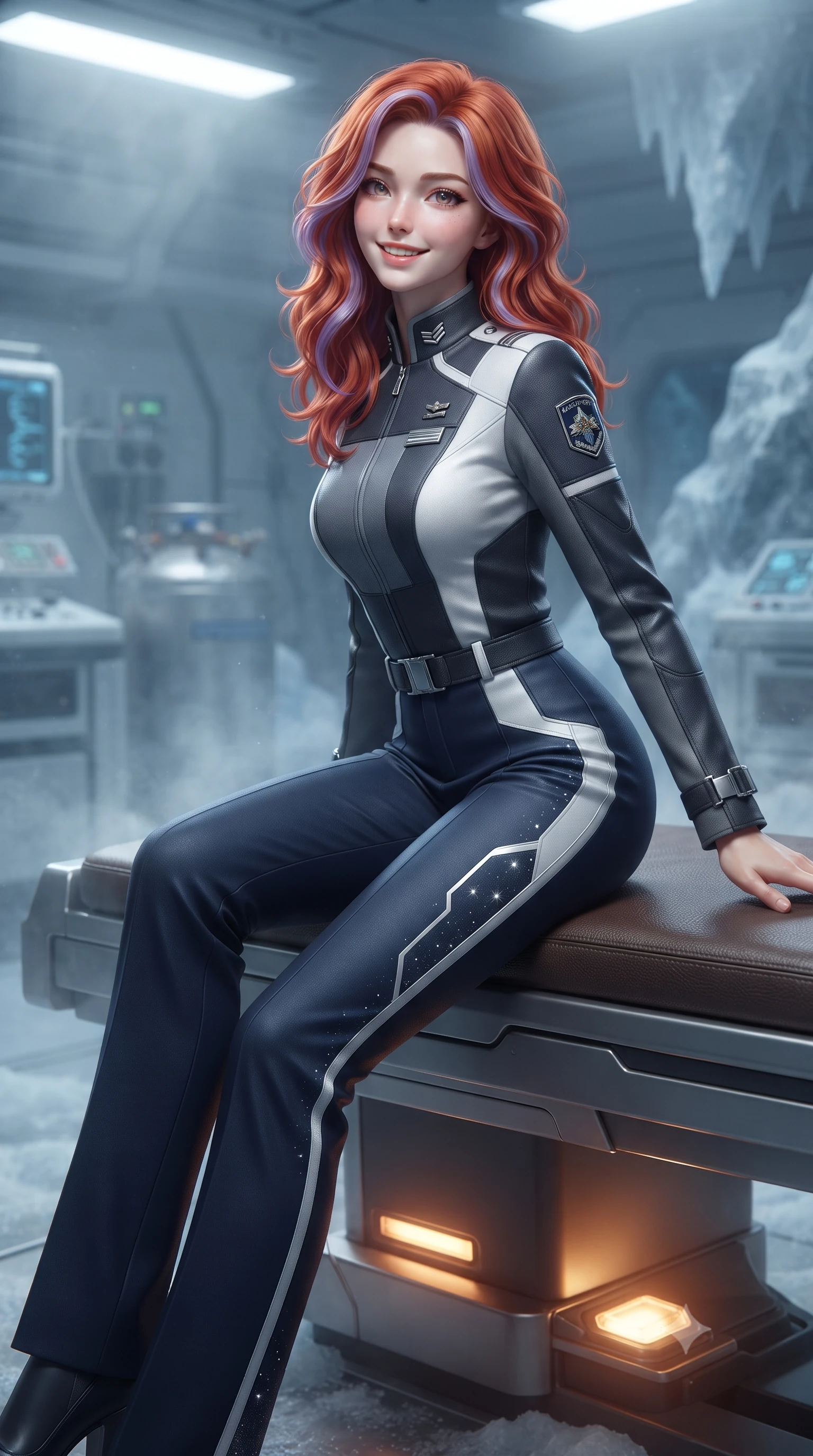 score_9, masterpiece, best quality, ultra-detailed, high-budget anime keyframe, editorial fashion photography, tasteful artistic composition, Caucasian woman. close-up cowboy shot from the waist and thighs up, the character dominates the composition, filling the frame with her large presence. perched sideways on the lounge seat, one knee drawn up to showcase her slender leg line while her arched back accentuates her feminine hip curve while reclining gracefully on the heated laboratory recovery bench with legs extended, displaying her long slender limbs and statuesque hourglass silhouette against the frozen glacial vault. The background shows a soft-focus dense cryogenic frost mist softened in secret sub-ice laboratory shallow focus. She has an exceptionally elegant, slender, and willowy female figure with an ultra-slim waist, flat toned midriff, narrow ribcage, and sculpted feminine hips creating an alluring, slim hourglass silhouette without bulk. sharp v-shaped jawline, high-bridge nose, intricate jewel-like sparkling eyes with depth, thick eyelashes, glossy parted lips with a natural peach sheen, bright cheerful beaming smile with an enchanting and coquettish sensual glint, exuding both youthful cute charm and seductive allure, flawlessly proportioned anatomical accuracy, strict slender model proportions, natural body alignment, perfectly sculpted long slender limbs, ultra-slim waistline, clean dynamic posture without body distortion. wearing a tailored orbital colony command uniform in dark grey and white paneling with rank insignia pins and tailored straight-leg trousers in pristine orbital navy white and silver starlight, tailored from high-density tech-wool with subtle metallic thread weave, finished with sleek magnetic buckle closures fluttering in the breeze, the bespoke structured tailoring following the natural line of her 8.5-heads silhouette with refined elegance. bathed in cool 8000K clinical bio-luminescence mixed with warm amber emergency threshold lights. ultra-reflective glossy finish, specular highlights, rich textural contrasts, high-contrast stereoscopic depth, volumetric dynamic lighting, 2k, ultra detail, master piece, 9:16 ratio
