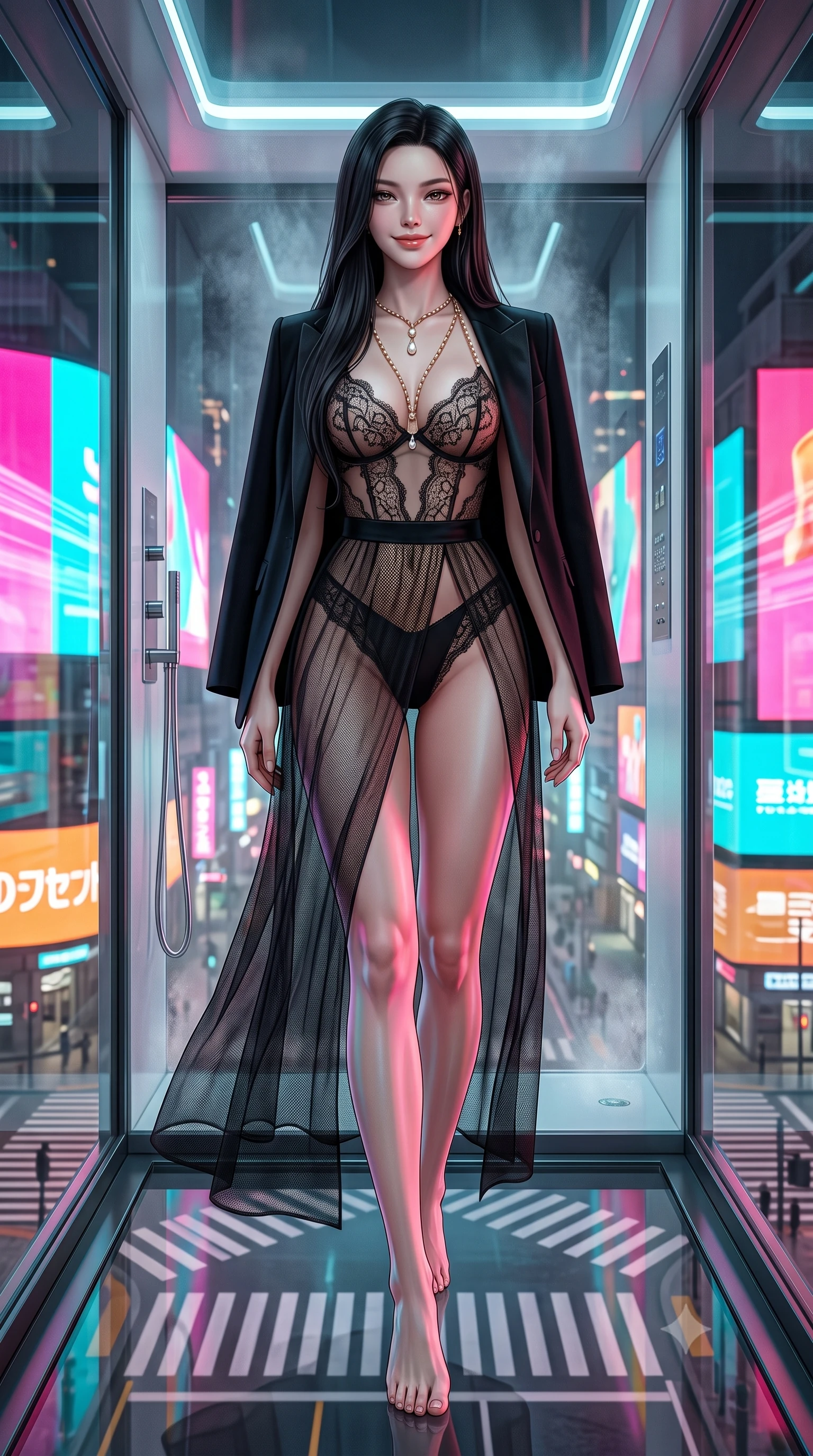 score_9, masterpiece, best quality, ultra-detailed, high-budget anime keyframe, semi-realistic 3D game render, editorial fashion photography, tasteful artistic composition, Korean woman. low angle full-body shot from head to toe showing her feet, filling the entire 9:16 vertical frame with her statuesque presence, stretching her vertical silhouette. stepping slowly toward the camera with hypnotic grace, hips swaying in an alluring sensual rhythm that accentuates her curvy hourglass silhouette and long slender legs while standing tall inside the transparent glass spa capsule jutting out over the crossing, arching her spine with futuristic siren poise. The surrounding environment is rendered in vivid detail and crisp panoramic clarity: detailed strapless boned corset swimsuit weave, silver neck collar shine, and cutting-edge cantilever engineering in razor-sharp precision. She has an absolutely perfect, statuesque 8.5-heads proportion, an exceptionally tall and slender model-like female figure with impossibly long slender legs, an ultra-slim waist, a flat toned midriff, narrow delicate ribcage, and beautifully sculpted feminine hips creating a graceful, slim hourglass silhouette without any bulky heaviness. sharp v-shaped jawline, high-bridge nose, sparkling eyes with hypnotic seductive depth, thick curled eyelashes, glossy parted lips with a natural dewy peach sheen, alluring bedroom-eyes with an enchanting coquettish smile, exuding magnetic siren charisma and sophisticated glamour, flawlessly proportioned anatomical accuracy, strict slender model proportions, natural body alignment, perfectly sculpted long slender limbs, ultra-slim waistline, clean dynamic posture without body distortion. wearing a delicate sheer French Chantilly lace teddy layered under an open tailored tuxedo blazer draped over bare shoulders in midnight obsidian black and liquid champagne gold, crafted from shimmering fluid chainmail mesh reflecting ambient lights, accented with a pearl-drop body harness subtly framing her dewy collarbones and spine, the second-skin tailored fabric adhering flawlessly to her sculpted flat midriff and slender torso, emphasizing her long leg lines and perfectly proportioned willowy build. bathed in dynamic shifting saturated neon pink, cyan, and amber light projected horizontally from monumental electronic billboards. highly saturated vibrant anime colors, detailed shading with soft gradients, rich glossy textures, high-contrast stereoscopic depth, volumetric dynamic lighting, master piece, 9:16 ratio