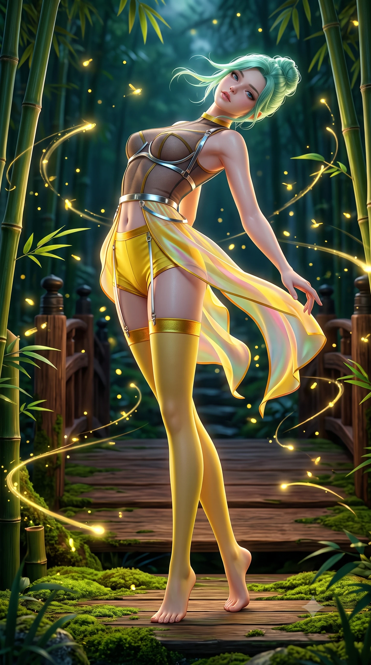 score_9, masterpiece, best quality, ultra-detailed, high-budget anime keyframe, semi-realistic 3D game render, editorial fashion photography, tasteful artistic composition, Japanese woman. low angle full-body shot from head to toe showing her feet, filling the entire 9:16 vertical frame with her statuesque presence, stretching her vertical silhouette. arching her back in a fluid zero-gravity turn with sovereign grace, her long slender legs and sculpted torso creating a sweeping line while pivoting dynamically on a moss-covered wooden platform as swarms of golden fireflies swirl around her slender silhouette. The surrounding environment is rendered in vivid detail and crisp panoramic clarity. detailed bamboo cane joints, glowing firefly light trails, and cedar bridge grain in deep focus. She has an absolutely perfect, statuesque 8.5-heads proportion, an exceptionally tall and slender model-like female figure with impossibly long slender legs, a toned flat midriff, and an ultra-slim waist. sharp v-shaped jawline, high-bridge nose, intricate jewel-like eyes with depth, thick eyelashes, glossy lips with a natural sheen, flawlessly proportioned anatomical accuracy, strict slender model proportions, natural body alignment, perfectly sculpted long slender limbs, ultra-slim waistline, clean dynamic posture without body distortion. wearing a delicate see-through dark mesh top with structured cup boning, paired with high-cut micro-shorts and thigh-high stockings in vibrant sunburst canary yellow and gold trim, made of smooth iridescent silk chiffon that shifts colors with movement, reinforced by a sleek metallic chrome harness and delicate glowing micro-straps, the liquid-tight tailored fabric emphasizing every curve of her tall, slender model proportions and sculptured silhouette during dynamic movement. surrounded by a serene, magical, and captivatingly sensual oriental sanctuary aura. highly saturated vibrant anime colors, detailed shading with soft gradients, rich glossy textures, high-contrast stereoscopic depth, volumetric dynamic lighting, master piece, 9:16 ratio