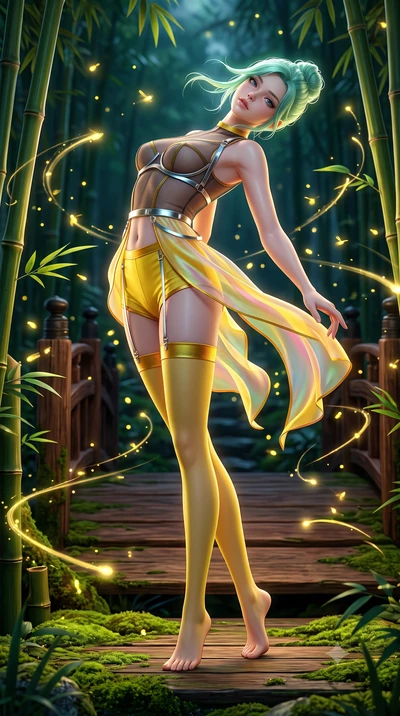 score_9, masterpiece, best quality, ultra-detailed, high-budget anime keyframe, semi-realistic 3D game render, editorial fashion photography, tasteful artistic composition, Japanese woman. low angle full-body shot from head to toe showing her feet, f