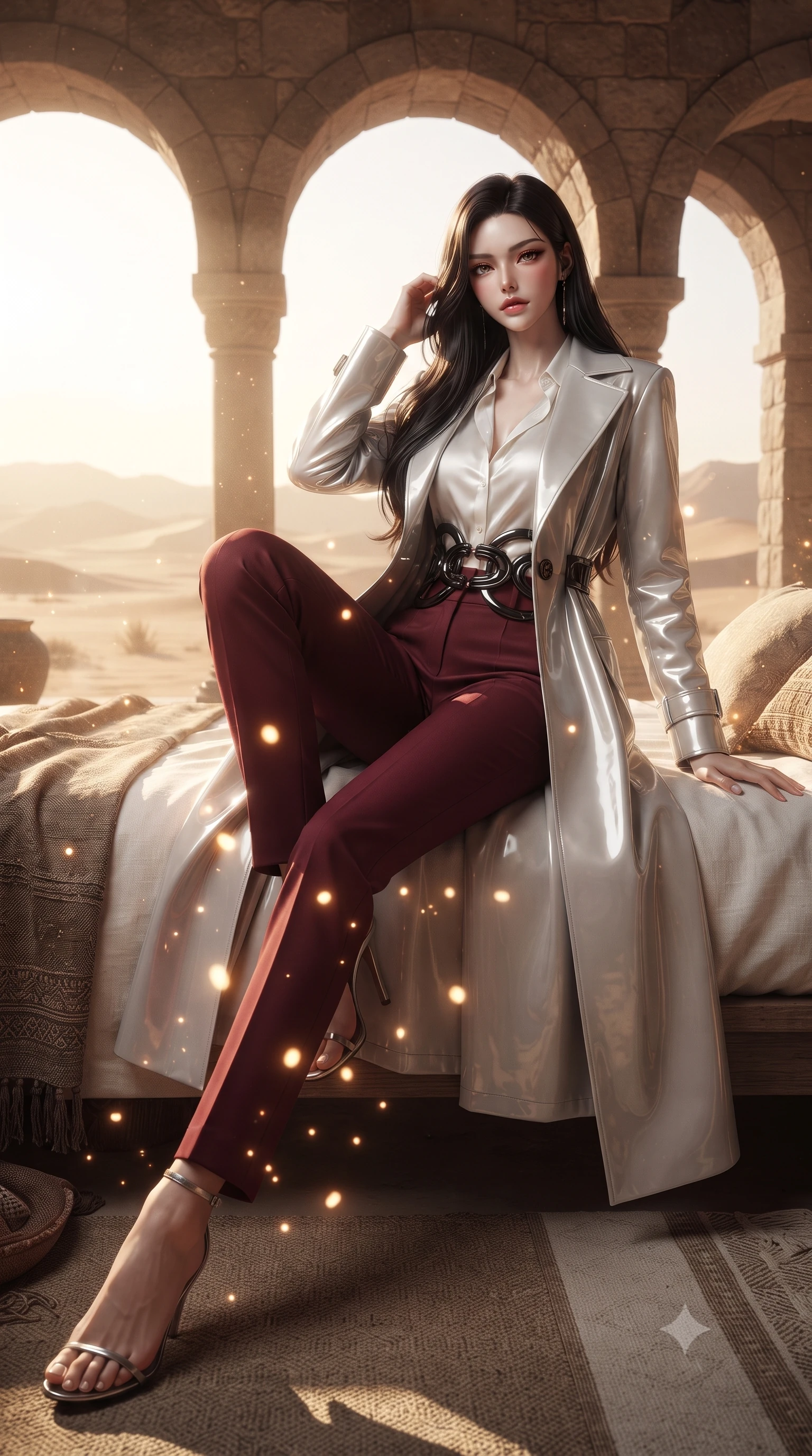 score_9, masterpiece, best quality, ultra-detailed, high-budget anime keyframe, editorial fashion photography, tasteful artistic composition, Korean woman. low angle full-body shot from head to toe showing her feet, filling the entire 9:16 vertical frame with her statuesque presence, stretching her vertical silhouette. interacting with glowing light particles, her long slender legs poised in motion, lounging on a white linen daybed surrounded by open arches overlooking the desert, mysterious oriental desert luxury aesthetic. She has an absolutely perfect, statuesque 8.5-heads proportion, an exceptionally tall and slender model-like female figure with impossibly long slender legs and an ultra-slim waist. sharp v-shaped jawline, high-bridge nose, intricate jewel-like eyes with depth, thick eyelashes, glossy lips with a natural sheen. wearing structured platinum leather long coat over white silk blouse and tailored slacks in deep crimson burgundy, made of high-gloss liquid vinyl, accented with sculpted obsidian chrome rings at the waist, contouring every curve with an exceptionally elegant silhouette. surrounded by a warm atmospheric glow with sharp rim highlights. ultra-reflective glossy finish, specular highlights, metallic sheen, high-contrast stereoscopic depth, volumetric dynamic lighting, 2k, ultra detail, master piece, 9:16 ratio