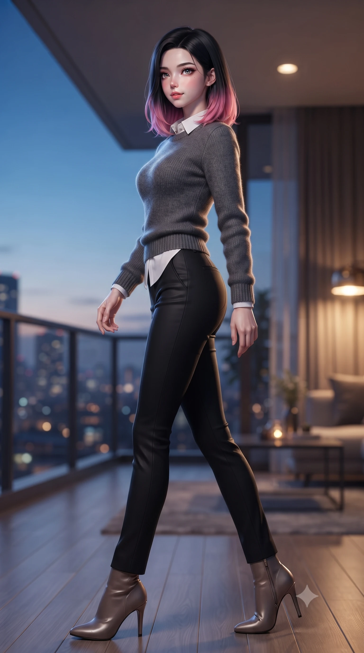 score_9, masterpiece, best quality, ultra-detailed, high-budget anime keyframe, editorial fashion photography, tasteful artistic composition, Korean woman woman. low angle full-body shot from head to toe showing her feet, filling the entire 9:16 vertical frame with her statuesque presence, stretching her vertical silhouette. stepping gracefully while looking back over her shoulder, her dress draped tightly to reveal her silhouette the background shows a soft-focus a modern apartment balcony overlooking a distant glittering city skyline at dusk. She has an absolutely perfect, statuesque 8.5-heads proportion, an exceptionally tall and slender model-like female figure with impossibly long slender legs and an ultra-slim waist. sharp v-shaped jawline, high-bridge nose, intricate jewel-like eyes with depth, thick eyelashes, glossy lips with a natural sheen. wearing a slim-fit cozy charcoal grey knit sweater over a white collared shirt and black slacks. the cool blue twilight sky contrasting with the warm golden lights of the room inside. ultra-reflective glossy finish, specular highlights, metallic sheen, high-contrast stereoscopic depth, volumetric dynamic lighting, 2k, ultra detail, master piece, 9:16 ratio