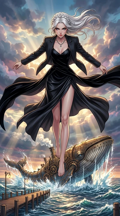 score_9, masterpiece, best quality, ultra-detailed, high-budget anime movie keyframe, cinematic anime lighting, intricate line art, Caucasian (strictly human ears) woman. Extreme high angle shot as she leaps towards the camera, filling the frame. gli