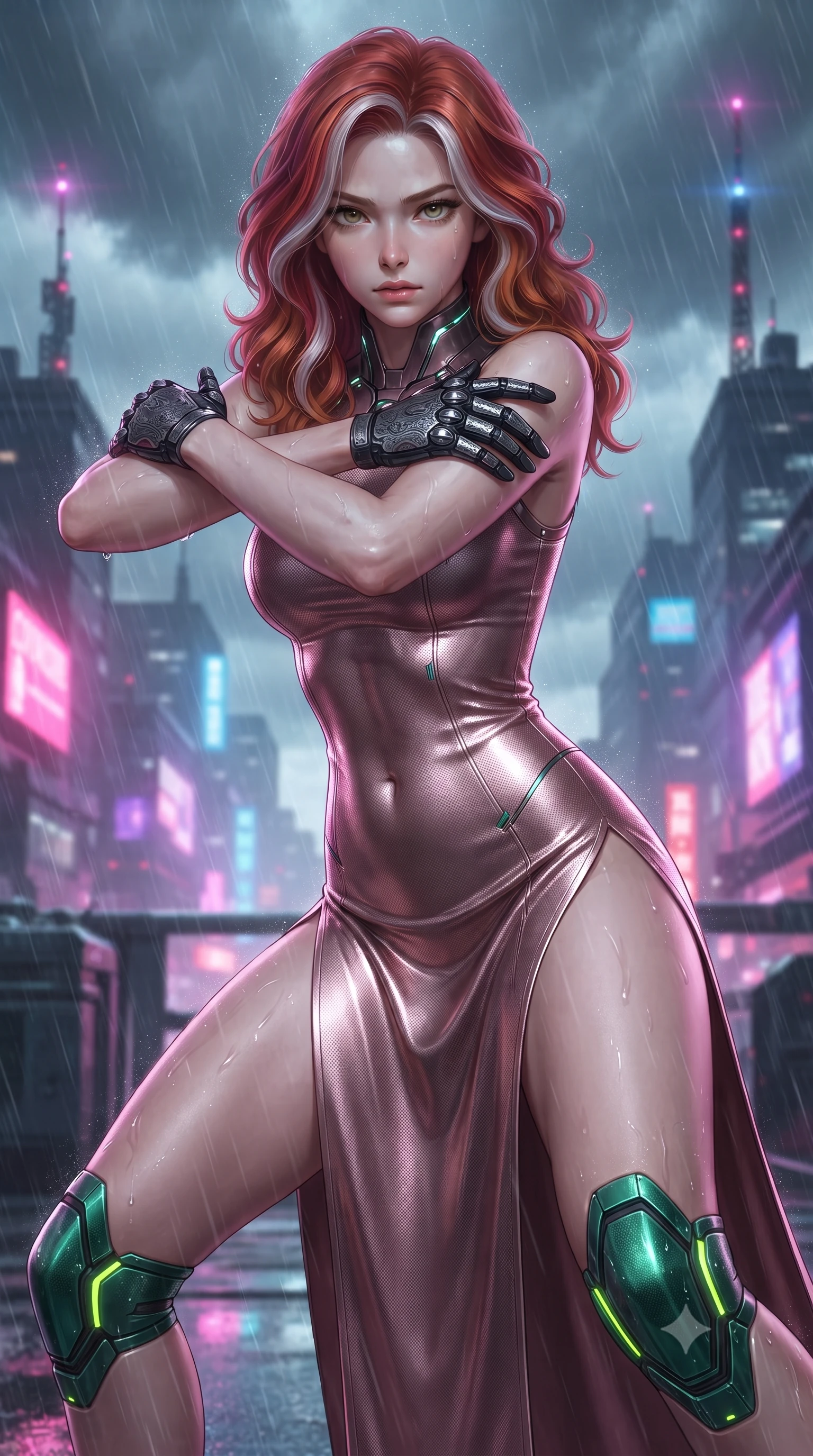score_9, masterpiece, best quality, ultra-detailed, high-budget anime keyframe, editorial fashion photography, tasteful artistic composition, Caucasian woman. close-up cowboy shot from the waist and thighs up, the character dominates the composition, filling the frame with her large presence. shifting into a low cat-stance with arms crossed defensively, glowing energy conduits tracing her ultra-slim waist and sculpted clavicle while arching her spine in a fluid combat stance against raging typhoon winds as neon city lights pulse through the storm. The surrounding environment is rendered in vivid detail and crisp panoramic clarity. intricate Damascus-pattern carbon knuckle plating, skyscraper antenna beacons, and neon reflections in high clarity. She has an exceptionally elegant, slender, and willowy female figure with an ultra-slim waist, a gracefully sculpted slender torso, toned flat midriff, and a refined slim silhouette. sharp v-shaped jawline, high-bridge nose, intricate jewel-like eyes with depth, thick eyelashes, glossy lips with a natural sheen, flawlessly proportioned anatomical accuracy, strict slender model proportions, natural body alignment, perfectly sculpted long slender limbs, ultra-slim waistline, clean dynamic posture without body distortion. wearing a form-fitting luminous rose-gold carbon combat gown with tactical high leg slits and flexible kinetic knee articulation in emerald green carbon composite with glowing lime laser channels, tailored from flexible second-skin carbon-mesh that clings flawlessly to her athletic curves, featuring a sleek aerodynamic collar framed by subtle glowing cybernetic status LEDs, the sleek second-skin cut tightly hugging her graceful clavicle, narrow waist, and feminine curves with athletic precision. illuminated by crisp white key lighting with sharp specular highlights tracing her sculpted flat midriff and waist. ultra-reflective glossy finish, specular highlights, dark metallic sheen, high-contrast stereoscopic depth, volumetric dynamic lighting, 2k, ultra detail, master piece, 9:16 ratio