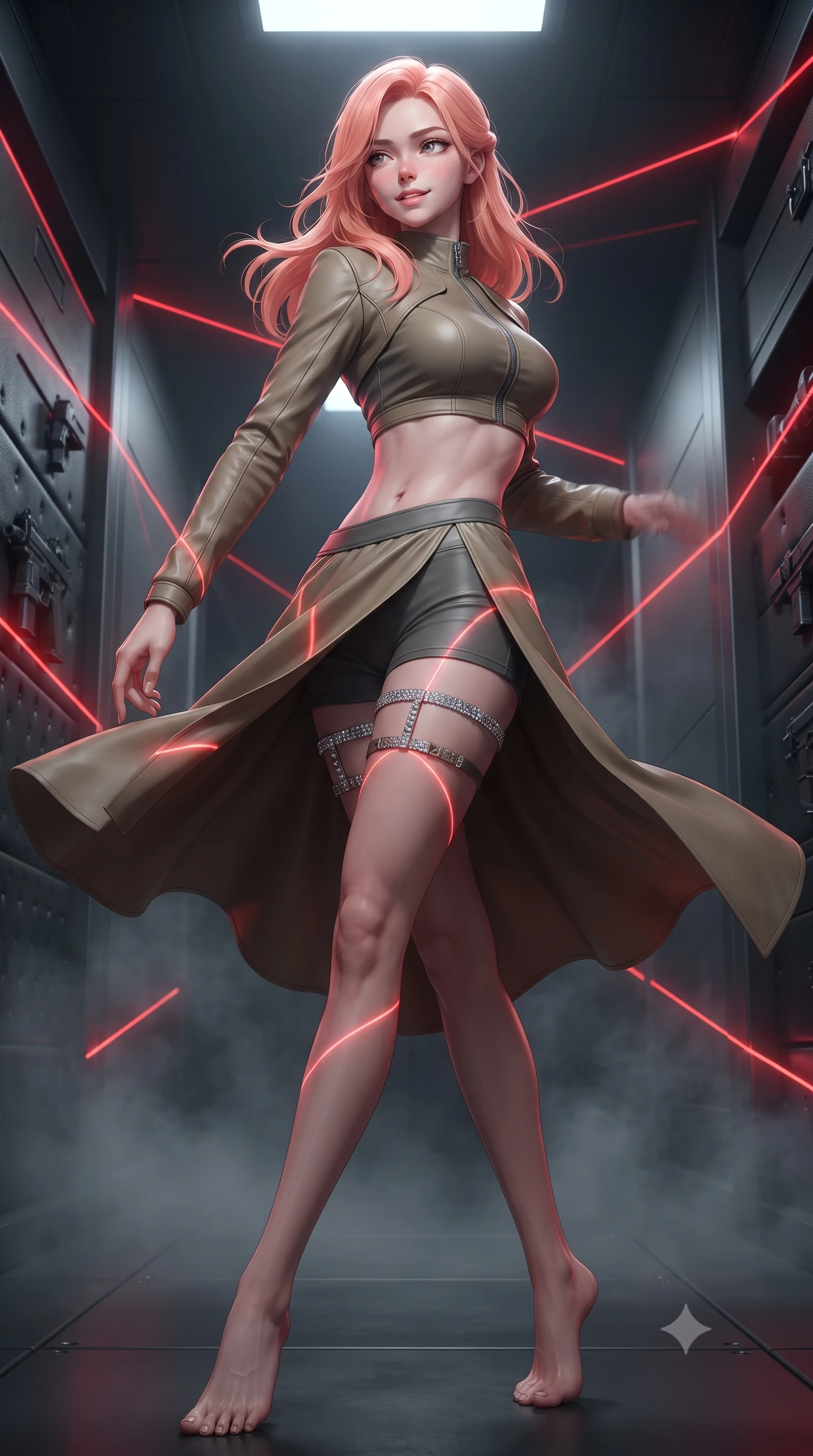 score_9, masterpiece, best quality, ultra-detailed, high-budget anime keyframe, editorial fashion photography, tasteful artistic composition, Japanese woman. low angle full-body shot from head to toe showing her feet, filling the entire 9:16 vertical frame with her statuesque presence, stretching her vertical silhouette. executing a slow, graceful pivot turn as her skirt sways around her slender legs, glancing back with an enchanting, teasing sensual expression while twisting her slender torso in an alluring contrapposto stance, crimson security lasers painting glowing geometric lines across her curves. The surrounding environment is rendered in vivid detail and crisp panoramic clarity: detailed tactical matte leatherette texture, metallic holster hardware gleam, and cyber security vault architecture in razor-sharp precision. She has an absolutely perfect, statuesque 8.5-heads proportion, an exceptionally tall and slender model-like female figure with impossibly long slender legs, an ultra-slim waist, a flat toned midriff, narrow delicate ribcage, and beautifully sculpted feminine hips creating a graceful, slim hourglass silhouette without any bulky heaviness. sharp v-shaped jawline, high-bridge nose, sparkling eyes with hypnotic seductive depth, thick curled eyelashes, glossy parted lips with a natural dewy peach sheen, alluring bedroom-eyes with an enchanting coquettish smile, exuding magnetic siren charisma and sophisticated glamour, flawlessly proportioned anatomical accuracy, strict slender model proportions, natural body alignment, perfectly sculpted long slender limbs, ultra-slim waistline, clean dynamic posture without body distortion. wearing a modern two-piece tactical siren set featuring a zip-front bolero jacket and curve-hugging compression hot-pants in tactical desert sand khaki and matte carbon grey, woven from buttery-soft stretch lambskin leather adhering to her body like a second skin, finished with delicate crystal-encrusted thigh garter straps glinting under the lights, the second-skin tailored fabric adhering flawlessly to her sculpted flat midriff and slender torso, emphasizing her long leg lines and perfectly proportioned willowy build. bathed in intense crimson laser beam illumination cutting through misty dark corridor shadows. ultra-reflective glossy finish, specular highlights, rich textural contrasts, high-contrast stereoscopic depth, volumetric dynamic lighting, 2k, ultra detail, master piece, 9:16 ratio
