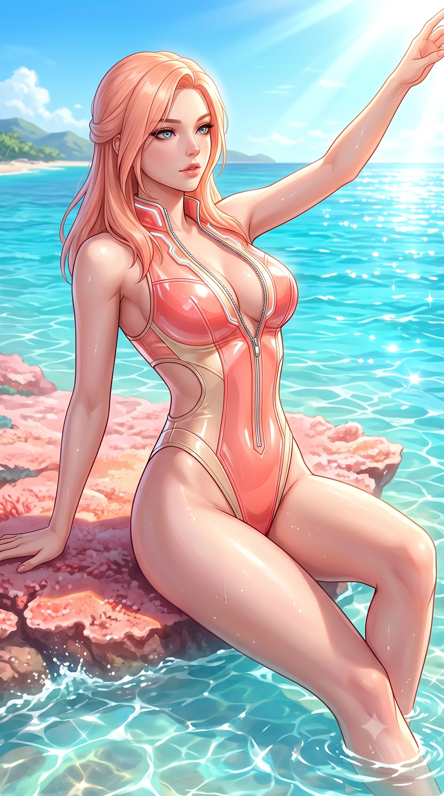 score_9, masterpiece, best quality, ultra-detailed, high-budget anime keyframe, semi-realistic 3D game render, editorial fashion photography, tasteful artistic composition, Japanese woman. close-up cowboy shot from the waist and thighs up, the character dominates the composition, filling the frame with her large presence. extending one arm gracefully toward the light while her torso arches in a sleek, alluring curve with magnetic intensity while reclining along a sun-warmed pink coral shelf as clear turquoise lagoon waves lap gently against her slender thighs. The surrounding environment is rendered in vivid detail and crisp panoramic clarity. glistening water refractions and scenic coastal landscapes captured with environmental precision. She has an exceptionally elegant, slender, and willowy female figure with an ultra-slim waist, a gracefully sculpted slender torso, toned flat midriff, and a refined slim silhouette. sharp v-shaped jawline, high-bridge nose, intricate jewel-like eyes with depth, thick eyelashes, glossy lips with a natural sheen, flawlessly proportioned anatomical accuracy, strict slender model proportions, natural body alignment, perfectly sculpted long slender limbs, ultra-slim waistline, clean dynamic posture without body distortion. wearing a high-cut translucent vinyl leotard with front paneling, exposed side-rib cutouts, and an open back in radiant coral pink and champagne ivory, tailored from semi-translucent cybernetic vinyl with glowing micro-filaments, featuring a dangerously unzipped neckline framed by glowing cybernetic accents, the liquid-tight tailored fabric emphasizing every curve of her tall, slender model proportions and sculptured silhouette during dynamic movement. bathed in dazzling tropical morning sunlight and glittering ocean water caustics. highly saturated vibrant anime colors, detailed shading with soft gradients, rich glossy textures, high-contrast stereoscopic depth, volumetric dynamic lighting, master piece, 9:16 ratio