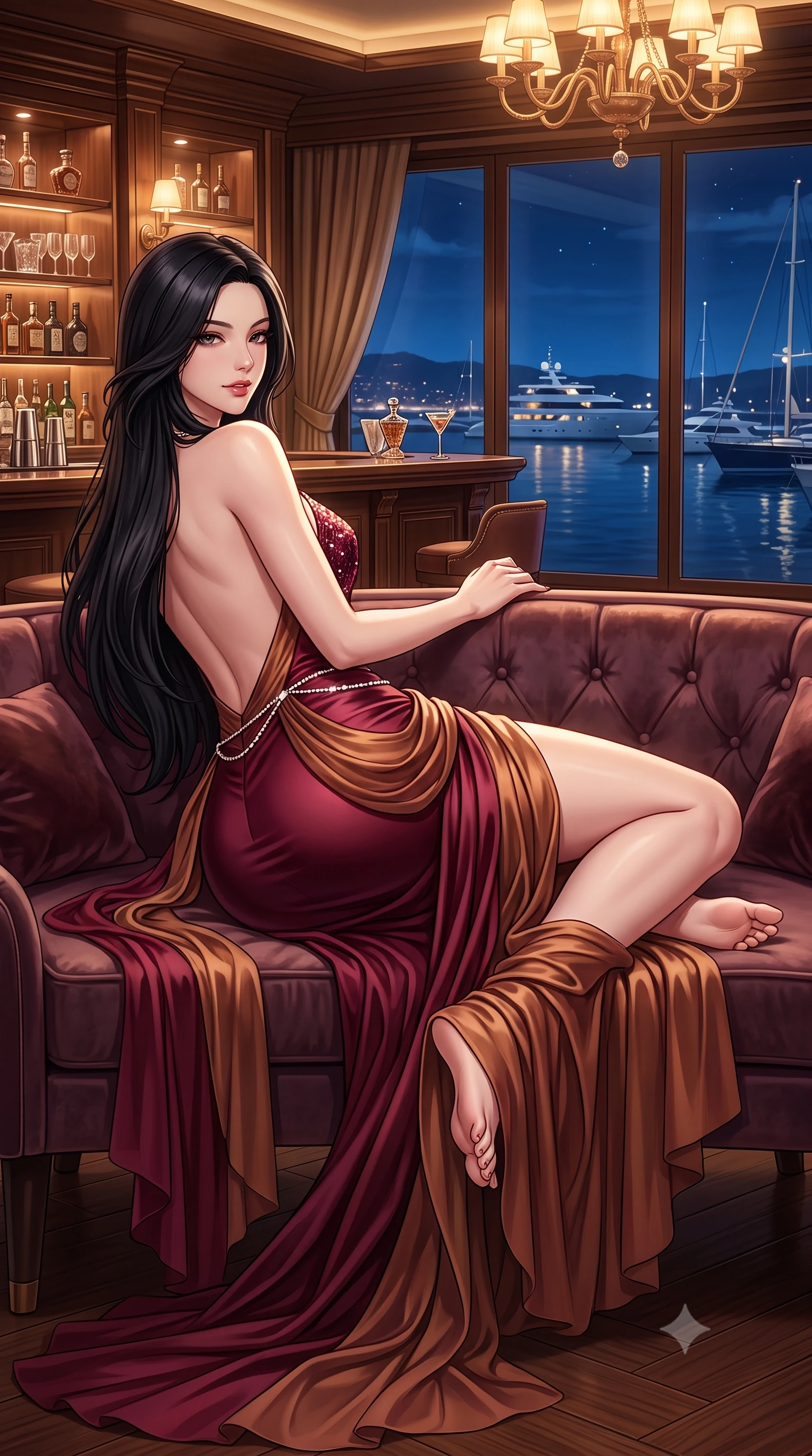 score_9, masterpiece, best quality, ultra-detailed, high-budget anime keyframe, semi-realistic 3D game render, editorial fashion photography, tasteful artistic composition, Korean woman. low angle full-body shot from head to toe showing her feet, filling the entire 9:16 vertical frame with her statuesque presence, stretching her vertical silhouette. reclining on her side in an elegant Cleopatra pose with one knee drawn up, the dramatic contour of her rounded hips and long slender legs commanding the 9:16 vertical frame while twisting her slender torso in a deep contrapposto stance beside the private casino bar, glancing over her shoulder with an audacious, teasing smirk. The surrounding environment is rendered in vivid detail and crisp panoramic clarity. detailed sequin dress reflections, diamond necklace fire, and Mediterranean night harbor in high clarity. She has an absolutely perfect, statuesque 8.5-heads proportion, an exceptionally tall and slender model-like female figure with impossibly long slender legs, a toned flat midriff, an ultra-slim waist, and beautifully sculpted feminine hips. sharp v-shaped jawline, high-bridge nose, intricate jewel-like eyes with depth, thick eyelashes, glossy parted lips with a natural sheen, intensely captivating and seductive bedroom-eyes expression, flawlessly proportioned anatomical accuracy, strict slender model proportions, natural body alignment, perfectly sculpted long slender limbs, ultra-slim waistline, clean dynamic posture without body distortion. wearing an open-back duchess satin gala gown with a dramatic hip-hugging drape and cascading trailing hem in rich wine burgundy and liquid bronze, woven from layered gossamer chiffon with a weightless sweeping drape, accented with a dainty diamond waist chain catching the casino chandelier reflections, the glove-like aerodynamic silhouette tightly following the natural contour of her hips and long slender legs with statuesque precision. surrounded by an elite, intoxicating, and irresistibly glamorous Monte Carlo heiress aura. highly saturated vibrant anime colors, detailed shading with soft gradients, rich glossy textures, high-contrast stereoscopic depth, volumetric dynamic lighting, master piece, 9:16 ratio