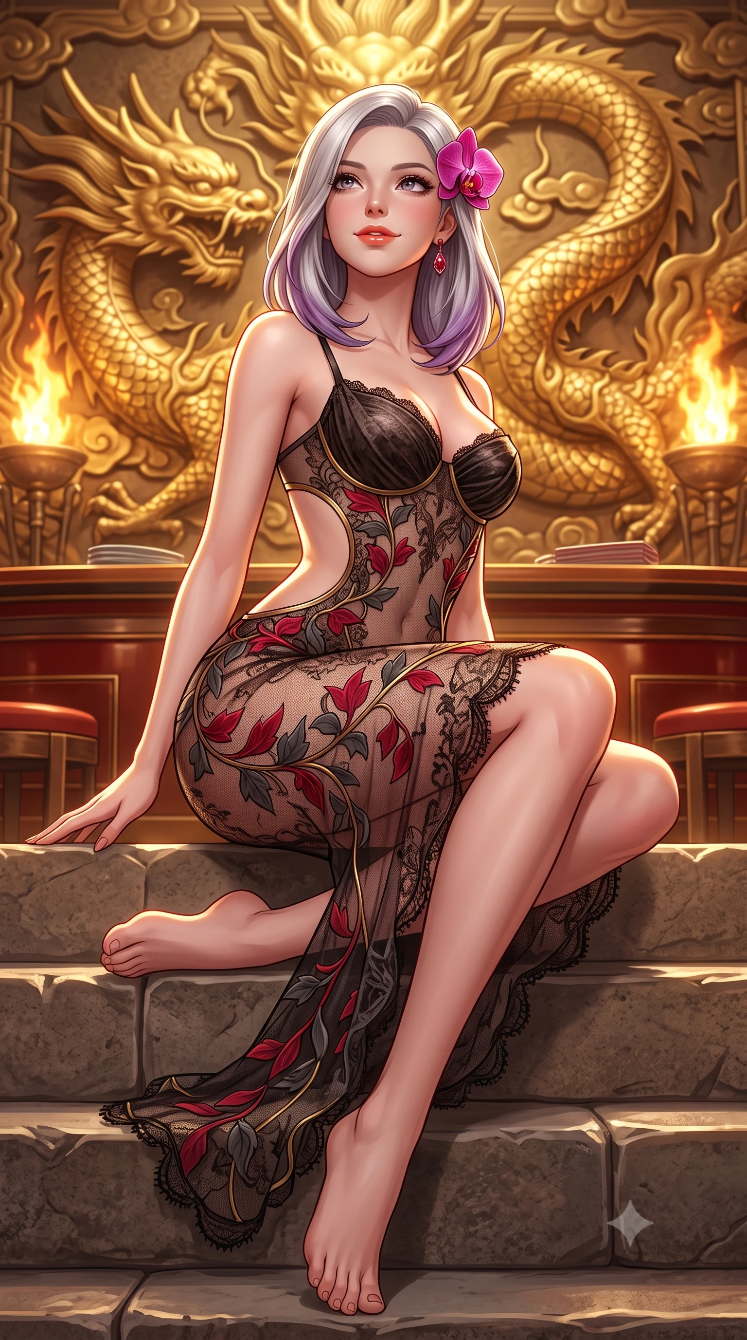 score_9, masterpiece, best quality, ultra-detailed, high-budget anime keyframe, semi-realistic 3D game render, editorial fashion photography, tasteful artistic composition, Caucasian woman. low angle full-body shot from head to toe showing her feet, filling the entire 9:16 vertical frame with her statuesque presence, stretching her vertical silhouette. sitting poised on the stone steps with one knee bent, arching her spine with supermodel elegance as she glances upward through thick eyelashes while twisting her slender torso in an alluring contrapposto stance beside the relief-carved golden dragon wall, torches illuminating her hourglass curves. The surrounding environment is rendered in vivid detail and crisp panoramic clarity: detailed strappy velvet bustier texture, ruby earring gleam, and imperial casino interior craftsmanship in razor-sharp precision. She has an absolutely perfect, statuesque 8.5-heads proportion, an exceptionally tall and slender model-like female figure with impossibly long slender legs, an ultra-slim waist, a flat toned midriff, narrow delicate ribcage, and beautifully sculpted feminine hips creating a graceful, slim hourglass silhouette without any bulky heaviness. sharp v-shaped jawline, high-bridge nose, sparkling eyes with hypnotic seductive depth, thick curled eyelashes, glossy parted lips with a natural dewy peach sheen, alluring bedroom-eyes with an enchanting coquettish smile, exuding magnetic siren charisma and sophisticated glamour, flawlessly proportioned anatomical accuracy, strict slender model proportions, natural body alignment, perfectly sculpted long slender limbs, ultra-slim waistline, clean dynamic posture without body distortion. wearing a provocative sheer illusion mesh botanical dress with embroidered climbing ivy ribbons contouring her curves in rich cherry lacquer and smoky charcoal with gold piping, made of delicate semi-sheer French Chantilly lace with intricate eyelash edges, accented with a fresh-bloomed exotic magenta orchid tucked gracefully into her dark glossy hair, the precision-cut side openings and low-back scoop framing her graceful spine and the sensual sweep of her slim, toned hips. illuminated by polished table lacquer bounce and sharp warm-gold rim lights sculpting her jawline, flat midriff, and voluptuous hip curves. highly saturated vibrant anime colors, detailed shading with soft gradients, rich glossy textures, high-contrast stereoscopic depth, volumetric dynamic lighting, master piece, 9:16 ratio