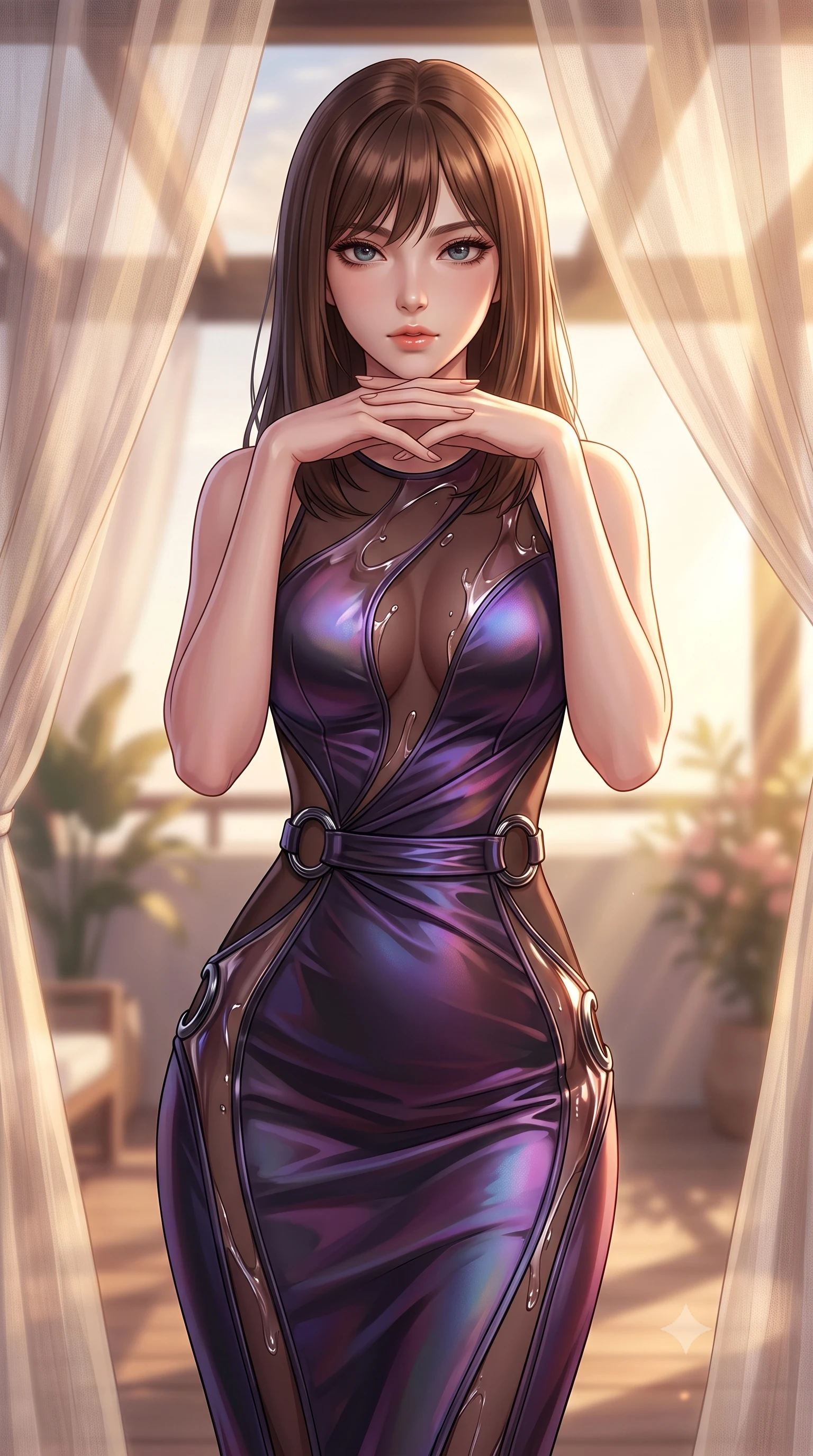 score_9, masterpiece, best quality, ultra-detailed, high-budget anime keyframe, editorial fashion photography, tasteful artistic composition, Korean woman. close-up cowboy shot from the waist and thighs up, the character dominates the composition, filling the frame with her large presence, background elements kept in soft focus. Resting her chin on the backs of her fingers with an air of effortless superiority, poised beneath a sheer linen pergola as golden-hour sunbeams flood the terrace, form-contouring silk gown accentuating her slender torso and long legs. She has an exceptionally elegant, slender, and willowy female figure with an ultra-slim waist, a gracefully sculpted slender torso, and a refined silhouette. sharp v-shaped jawline, high-bridge nose, intricate jewel-like eyes with depth, thick eyelashes, glossy lips with a natural sheen. wearing translucent liquid acrylic splash bodysuit with semi-opaque dark mesh in dark mahogany, made of iridescent dark violet taffeta, accented with sculpted obsidian chrome rings at the waist, contouring every curve with an exceptionally elegant silhouette. bathed in warm golden-hour sunbeams filtering through sheer linen. highly saturated vibrant anime colors, detailed shading with soft gradients, rich glossy textures, high-contrast stereoscopic depth, volumetric dynamic lighting, master piece, 9:16 ratio