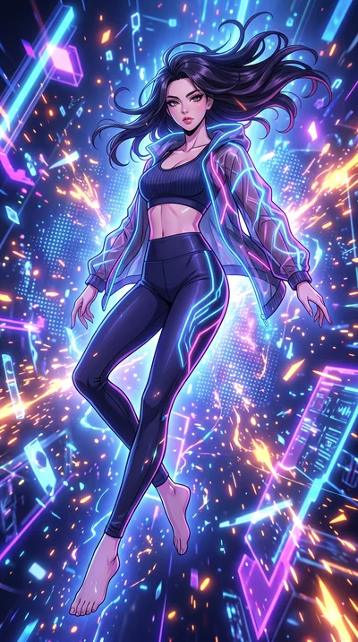 score_9, masterpiece, best quality, ultra-detailed, Set A: High-budget Anime Keyframe, Korean woman. Low angle cowboy shot filling the entire 9:16 frame with her statuesque presence. Floating through a virtual reality void, as gravity fails and every