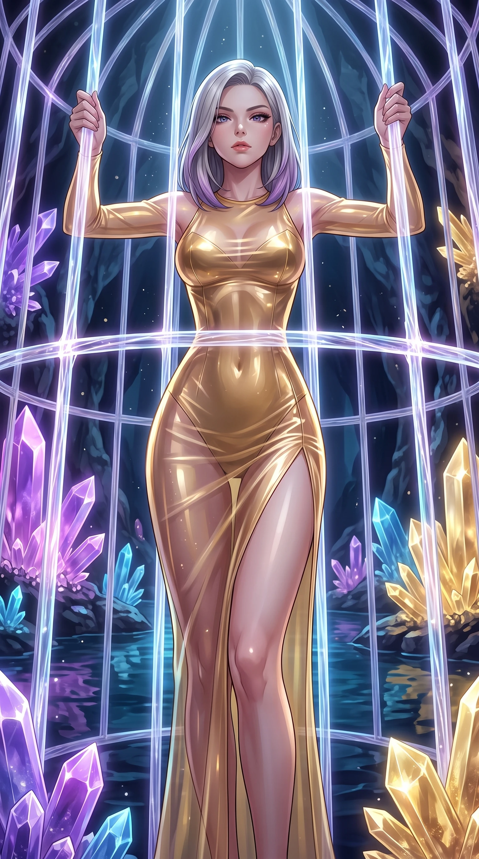 score_9, masterpiece, best quality, ultra-detailed, High-budget Anime Keyframe, Caucasian woman, strictly human ears. Low angle cowboy shot filling the entire 9:16 frame with her statuesque presence. Scenario 385: trapped in a cage of glowing crystalline fibers, her body pressing against the bars, in an underground cave lined with glowing quartz crystals and deep pools. Her presence is magnetic and overpowering in this high-budget anime scene. Outfit 385: a form-contouring translucent PVC gold with a thigh-high slit and tight-fitting silhouette. The clothing is designed to emphasize her exceptionally tall and slender 8-heads proportion. 8-heads proportion, towering silhouette, ultra-slim waist. sharp v-shaped jawline, intricate jewel-like eyes with depth, thick eyelashes, glossy lips. 2k, ultra detail, master piece, 9:16 ratio