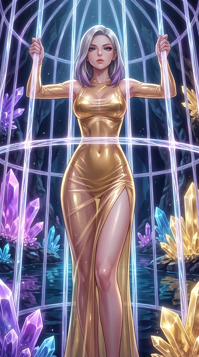 score_9, masterpiece, best quality, ultra-detailed, High-budget Anime Keyframe, Caucasian woman, strictly human ears. Low angle cowboy shot filling the entire 9:16 frame with her statuesque presence. Scenario 385: trapped in a cage of glowing crystal
