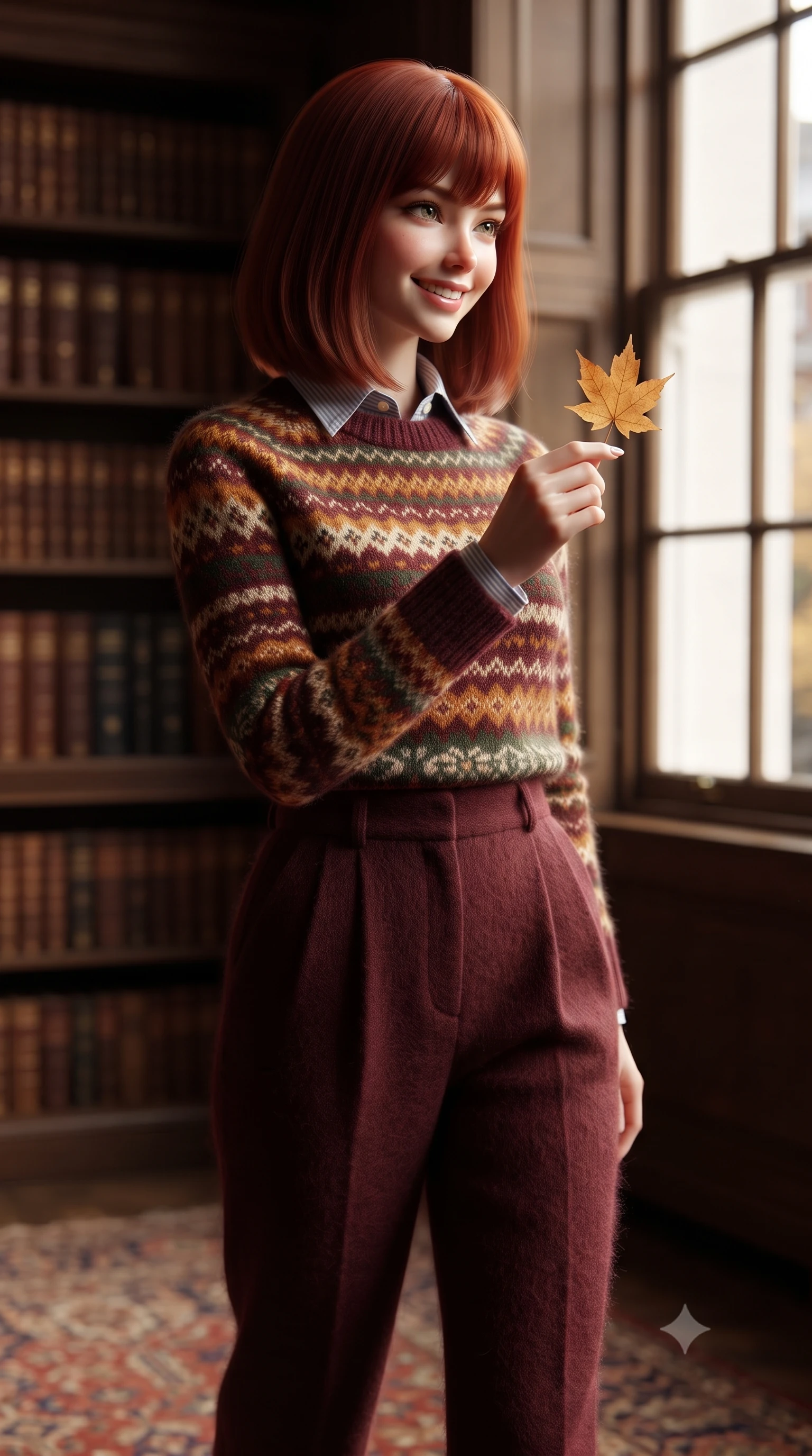 score_9, masterpiece, best quality, ultra-detailed, high-budget anime keyframe, editorial fashion photography, tasteful artistic composition, Caucasian woman. close-up cowboy shot from the waist and thighs up, the character dominates the composition, filling the frame with her large presence. holding a single autumn leaf delicately between manicured fingers, admiring it with a cheerful, parted-lip smile while walking across the antique Persian carpet toward the tall sash windows, turning with an alluring, warm tilt of her head. The background shows a soft-focus shelves of leather-bound club registers softened in exclusive Mayfair sanctuary shallow focus. She has an exceptionally elegant, slender, and willowy female figure with an ultra-slim waist, flat toned midriff, narrow ribcage, and sculpted feminine hips creating an alluring, slim hourglass silhouette without bulk. sharp v-shaped jawline, high-bridge nose, intricate jewel-like sparkling eyes with depth, thick eyelashes, glossy parted lips with a natural peach sheen, bright cheerful beaming smile with an enchanting and coquettish sensual glint, exuding both youthful cute charm and seductive allure, flawlessly proportioned anatomical accuracy, strict slender model proportions, natural body alignment, perfectly sculpted long slender limbs, ultra-slim waistline, clean dynamic posture without body distortion. wearing a Fair Isle patterned lambswool knit sweater layered over an Oxford button-down shirt with pleated wool trousers in rich Oxford burgundy and golden amber, woven from plush alpaca yarn with a cloud-like fuzzy texture and soft halo, finished with fine mother-of-pearl cuff buttons catching the soft ambient light, the precision-cut high-waisted tailoring accentuating her ultra-slim waist and long slender leg line with immaculate aristocratic poise. illuminated by dark wood paneling reflection bounce and warm amber rim lights sculpting her cheekbones, waistline, and slender posture. ultra-reflective glossy finish, specular highlights, rich textural contrasts, high-contrast stereoscopic depth, volumetric dynamic lighting, 2k, ultra detail, master piece, 9:16 ratio
