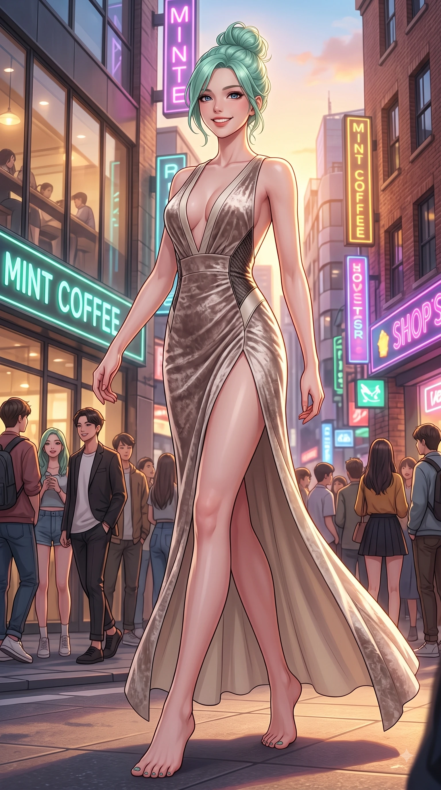 score_9, masterpiece, best quality, ultra-detailed, high-budget anime keyframe, editorial fashion photography, tasteful artistic composition, Japanese woman. low angle full-body shot from head to toe showing her feet, filling the entire 9:16 vertical frame with her statuesque presence, stretching her vertical silhouette. stepping forward in a proud dynamic stride with a cheerful beaming smile, her vertical silhouette filling the frame while pivoting in a stylish stride under neon shop signs as urban sunbeams illuminate her cute smile, young stylish crowds and chic architecture creating a lively college town atmosphere. She has an absolutely perfect, statuesque 8.5-heads proportion, an exceptionally tall and slender model-like female figure with impossibly long slender legs and an ultra-slim waist. sharp v-shaped jawline, high-bridge nose, intricate jewel-like eyes with depth, thick eyelashes, glossy lips with a natural sheen, flawlessly proportioned anatomical accuracy, natural body alignment, perfectly sculpted elegant limbs, clean dynamic posture without body distortion. wearing a backless crushed velvet gown with a deep V-neckline and high thigh slit in muted taupe and soft ivory, made of fine carbon-fiber weave and soft matte leather, accented with a Tasteful chest slit framing her clavicle gracefully, the sleek second-skin texture accentuating her magnetic presence. bathed in bright golden hour sunshine and warm urban ambient illumination. highly saturated vibrant anime colors, detailed shading with soft gradients, rich glossy textures, high-contrast stereoscopic depth, volumetric dynamic lighting, master piece, 9:16 ratio