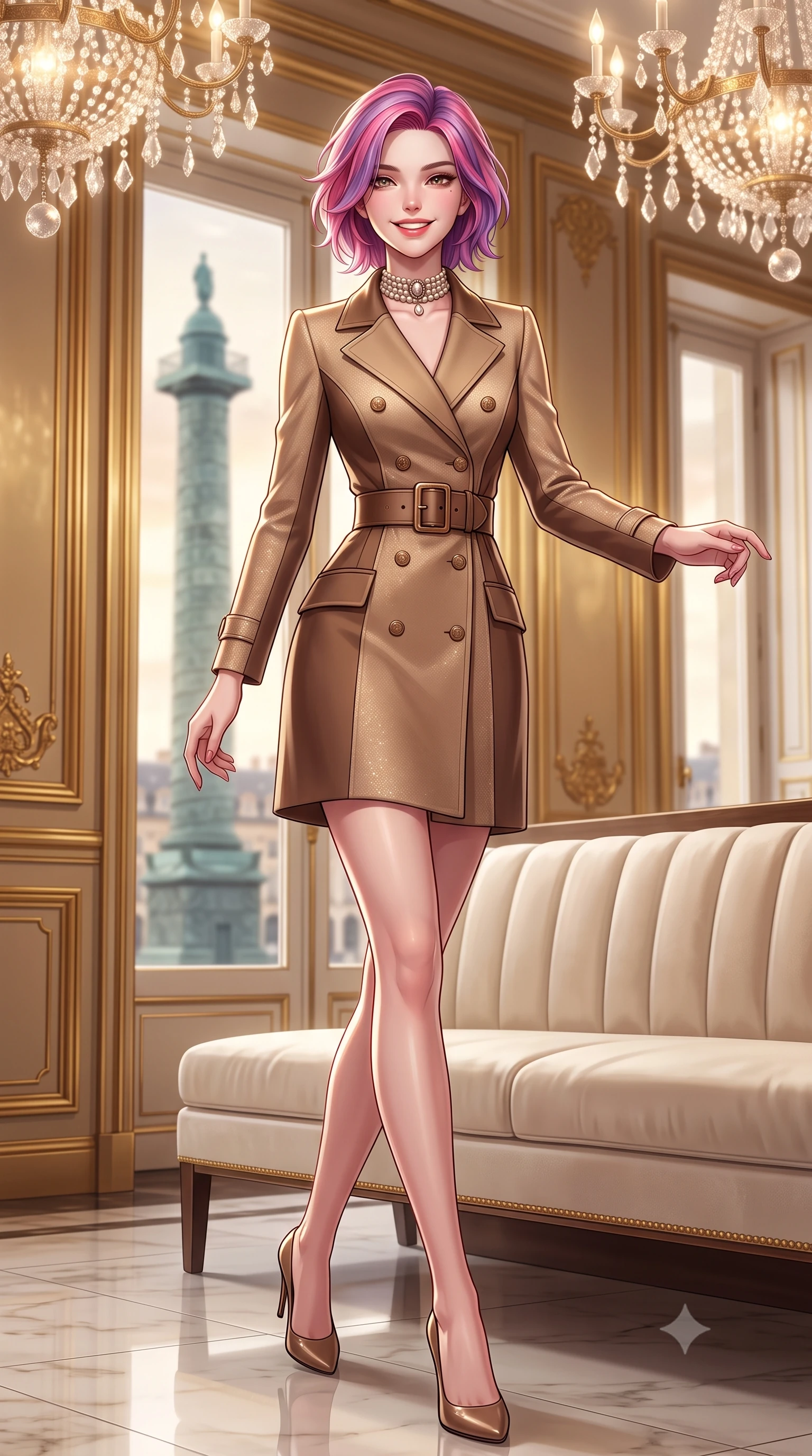 score_9, masterpiece, best quality, ultra-detailed, high-budget anime keyframe, semi-realistic 3D game render, editorial fashion photography, tasteful artistic composition, Caucasian woman. low angle full-body shot from head to toe showing her feet, filling the entire 9:16 vertical frame with her statuesque presence, stretching her vertical silhouette. stepping forward gracefully in mid-motion with a radiant beaming smile, hips swaying with supermodel rhythm as her vertical silhouette fills the frame while sitting poised on an ivory velvet banquette with hands folded neatly in her lap, exuding impeccable French haute-couture elegance. The background shows a soft-focus glittering crystal chandeliers, gilded boiserie wall paneling, and views of the bronze Vendôme column through tall windows blurred into champagne, ivory, and brass bokeh. She has an exceptionally tall and slender model-like 8.5-heads proportion, an ultra-slim waist, a flat toned midriff, narrow delicate ribcage, and beautifully sculpted feminine hips creating a graceful, slim hourglass silhouette without any bulky heaviness, with impossibly long slender legs. sharp v-shaped jawline, high-bridge nose, intricate jewel-like sparkling eyes with depth, thick eyelashes, glossy parted lips with a natural peach sheen, bright cheerful beaming smile with an enchanting and coquettish sensual glint, exuding both youthful cute charm and seductive allure, flawlessly proportioned anatomical accuracy, strict slender model proportions, natural body alignment, perfectly sculpted long slender limbs, ultra-slim waistline, clean dynamic posture without body distortion. wearing a liquid-tight double-breasted tailored trench dress cinched firmly with a leather buckle belt to accentuate her hourglass curves in Saint-Germain camel wool and warm espresso, woven from stretch metallic lurex knit casting subtle luminous champagne glints across her contours, complemented by an antique baroque pearl choker accentuating her delicate neck and collarbones, the body-conscious tailored knit hugging her sculpted torso and curvaceous hips in a seamless, fluid line that highlights her statuesque model proportions. illuminated by polished marble floor bounce and pristine champagne rim lights defining her razor-sharp jawline and elegant tailored silhouette. highly saturated vibrant anime colors, detailed shading with soft gradients, rich glossy textures, high-contrast stereoscopic depth, volumetric dynamic lighting, master piece, 9:16 ratio