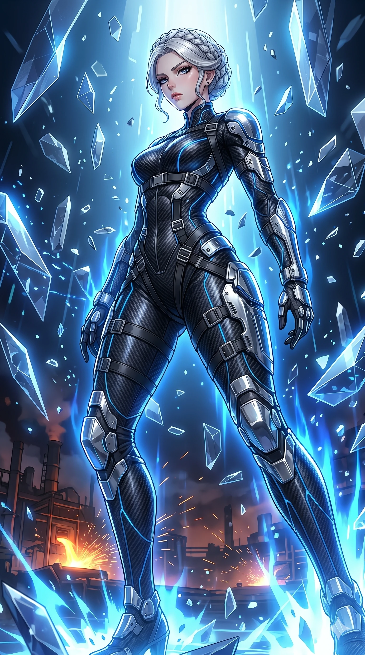 score_9, masterpiece, best quality, ultra-detailed, High-budget Anime Keyframe, vibrant colors, fluid line-art, expressive lighting, cinematic composition, Ufotable-style visual effects, top-tier animation quality, Japanese woman with delicate and elegant anime-inspired features. Dramatic low angle looking up at her majestic stature, dominating the vertical space of the composition. Navigating a surreal sea of floating geometric shapes and crystalline structures within a digital void, the environment reacting to her presence. She has an well-proportioned figure, an tall and elegant figure with elegant legs and an graceful posture, her statuesque height and towering silhouette dominating the vertical 9:16 frame. Her face is a masterpiece featuring a sharp v-shaped jawline, high-bridge nose, intricate jewel-like eyes with depth, thick eyelashes, and glossy lips with a natural sheen. She is wearing a Chrome-plated armor over a fitted base with tactical straps and metallic buckles crafted from Carbon-fiber weave with a high-tech matte finish and integrated glowing filaments, with an fitted waist and a complex harness system that draws the eye. The scene is set in a gritty industrial factory with glowing molten metal, flying sparks, and deep shadows, illuminated by intense energy flares from her powers illuminating the scene with brilliant light. 2k, ultra detail, master piece, 9:16 ratio