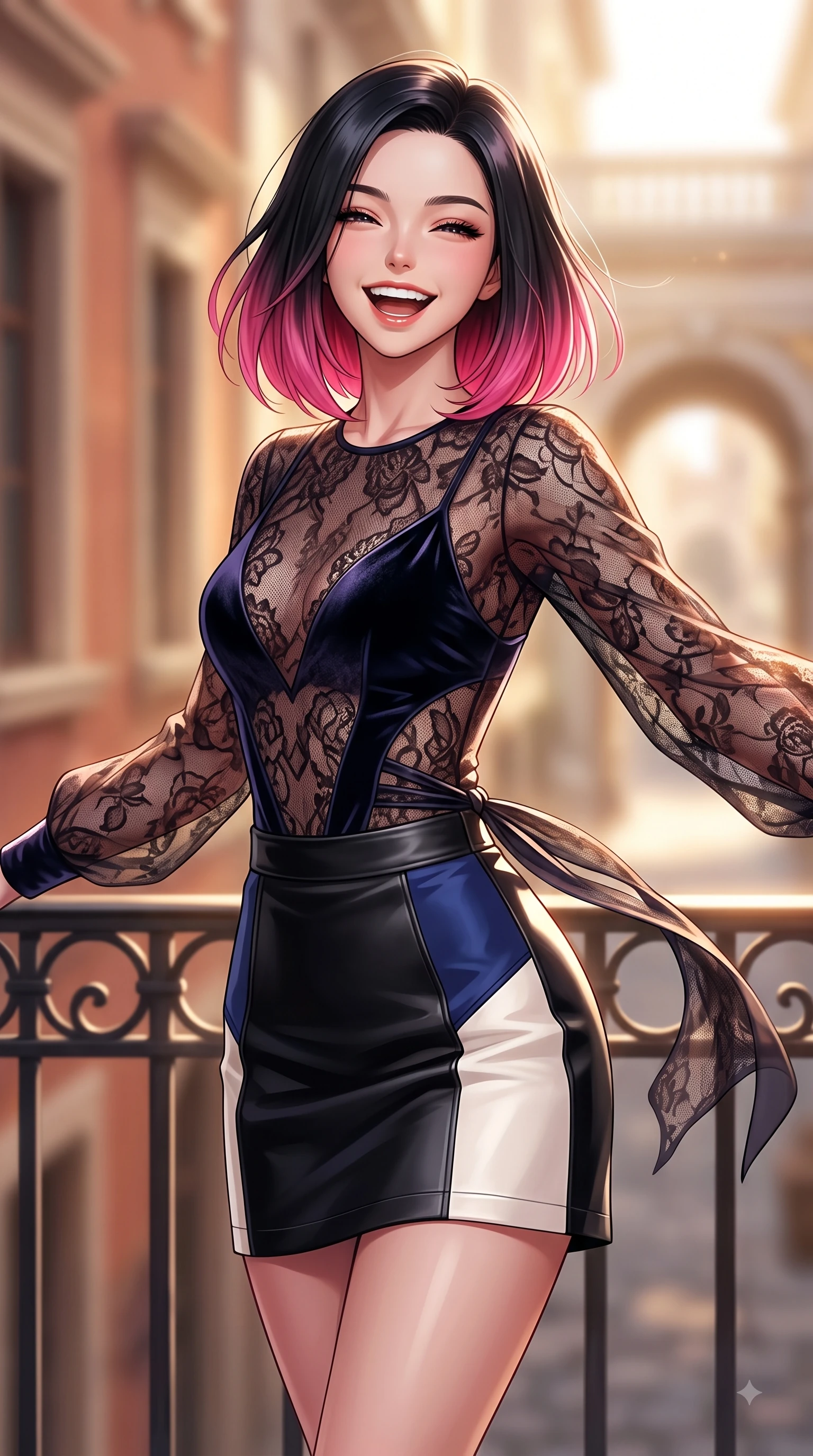 score_9, masterpiece, best quality, ultra-detailed, high-budget anime keyframe, editorial fashion photography, tasteful artistic composition, Korean woman. close-up cowboy shot from the waist and thighs up, the character dominates the composition, filling the frame with her large presence. Ecstatic joyful laughter with eyes crinkling in pure delight and vibrant energy filling her dynamic posture while pivoting dynamically near a sunlit wrought-iron balcony as a warm afternoon breeze billows her outfit. The composition keeps background elements in soft focus with dreamy bokeh. terracotta building facades and distant archways blurred into creamy golden background bokeh. She has an exceptionally elegant, slender, and willowy female figure with an ultra-slim waist, a gracefully sculpted slender torso, and a refined silhouette. sharp v-shaped jawline, high-bridge nose, intricate jewel-like eyes with depth, thick eyelashes, glossy lips with a natural sheen, flawlessly proportioned anatomical accuracy, natural body alignment, perfectly sculpted elegant limbs, clean dynamic posture without body distortion. wearing a sheer dark lace pattern bodysuit over a structured black leather mini skirt in royal navy blue and pure ivory, made of premium stretch velvet with a rich glossy sheen, accented with a delicate side waist sash creating fluid lines, the sleek second-skin fit accentuating her magnetic presence. illuminated by high-contrast directional key light and warm ambient reflections. highly saturated vibrant anime colors, detailed shading with soft gradients, rich glossy textures, high-contrast stereoscopic depth, volumetric dynamic lighting, master piece, 9:16 ratio